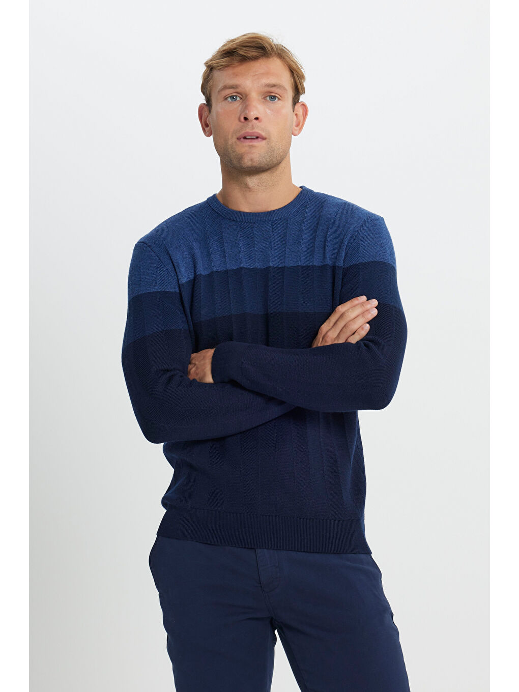 Erkek İndigo Yün Standart Fit Normal Kesim Bisiklet Yaka Jakarlı Triko Kazak-2