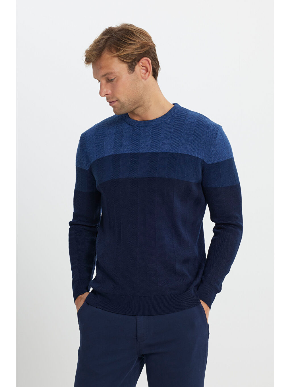 Erkek İndigo Yün Standart Fit Normal Kesim Bisiklet Yaka Jakarlı Triko Kazak-3