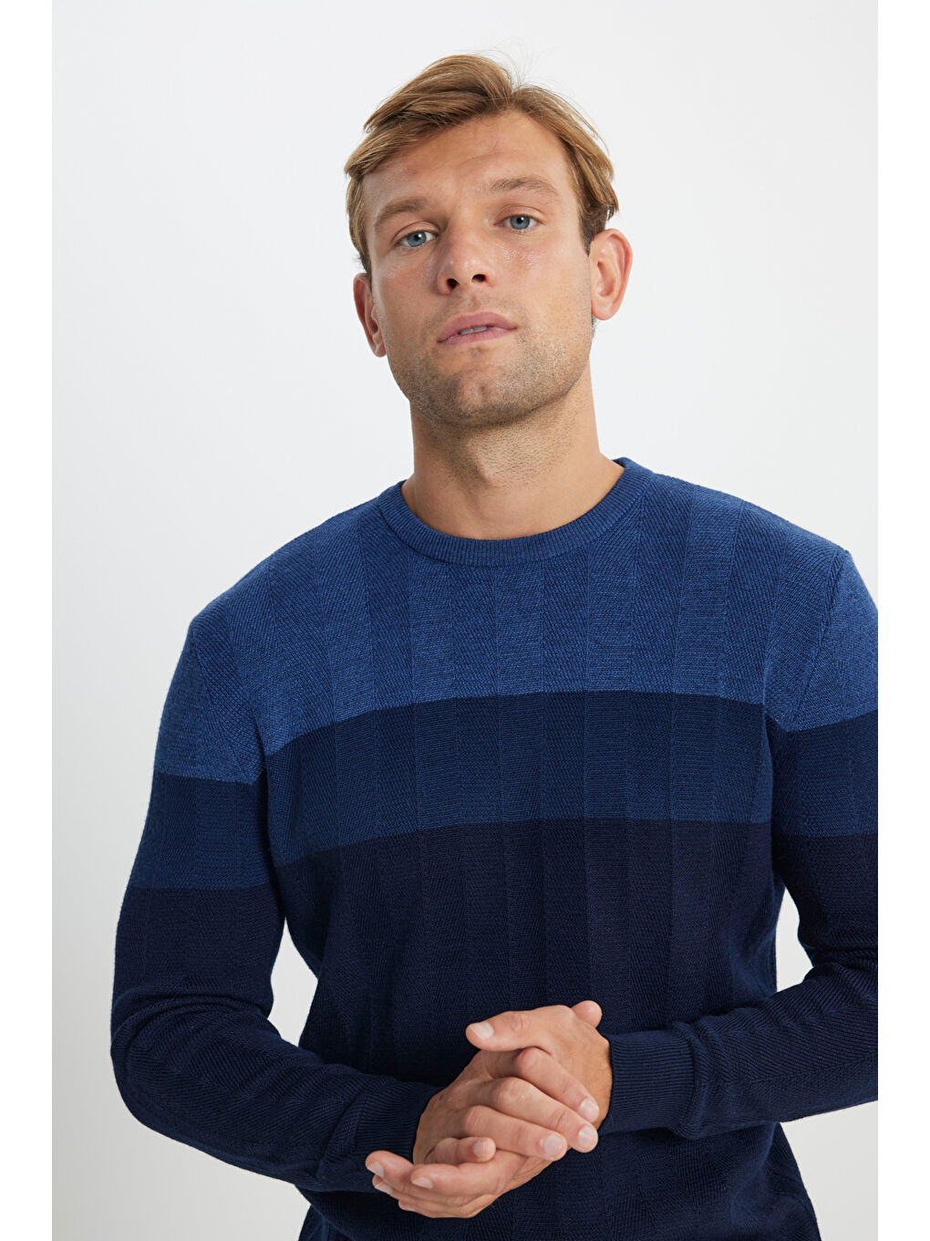 Erkek İndigo Yün Standart Fit Normal Kesim Bisiklet Yaka Jakarlı Triko Kazak-4