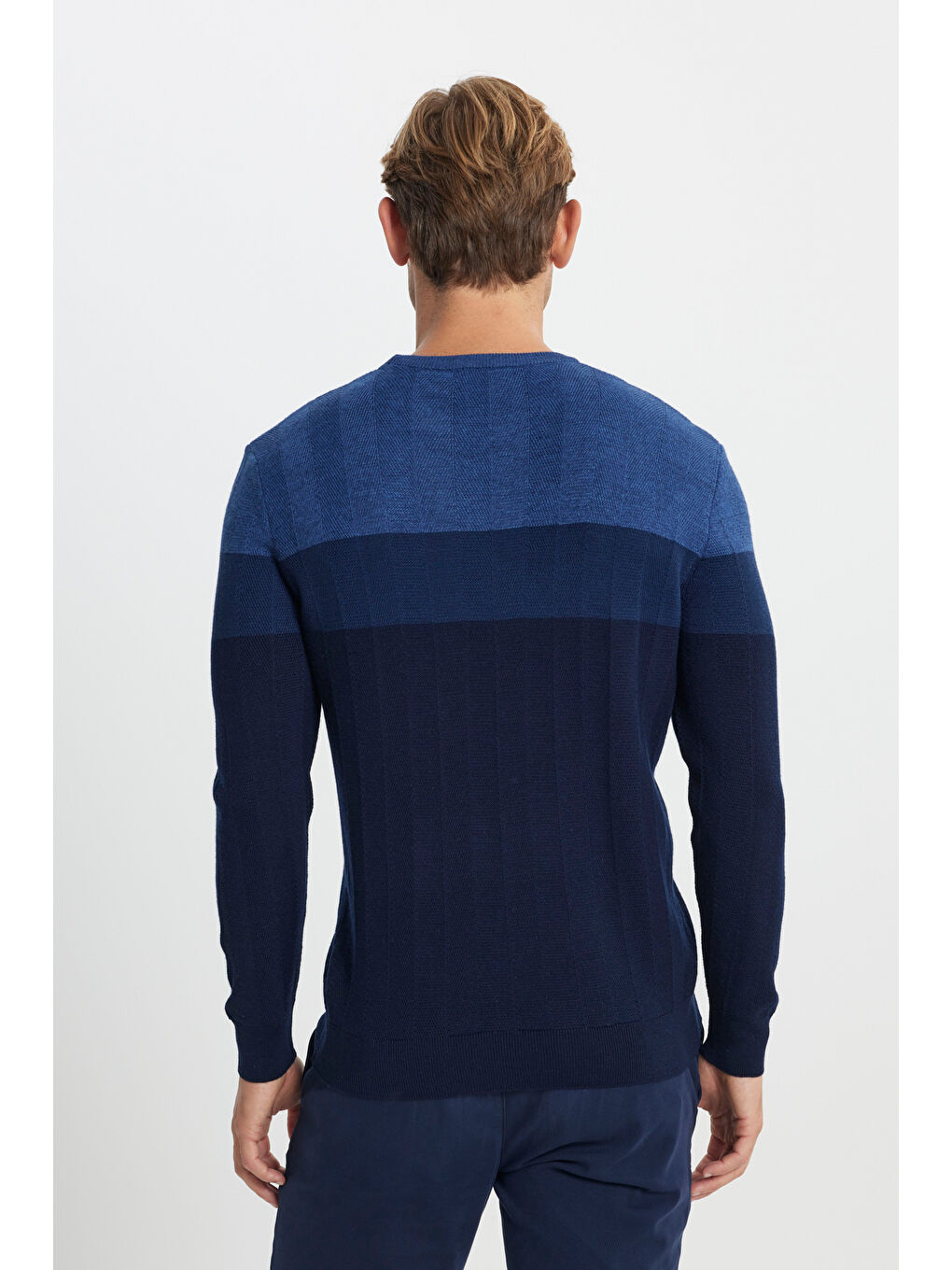 Erkek İndigo Yün Standart Fit Normal Kesim Bisiklet Yaka Jakarlı Triko Kazak-5