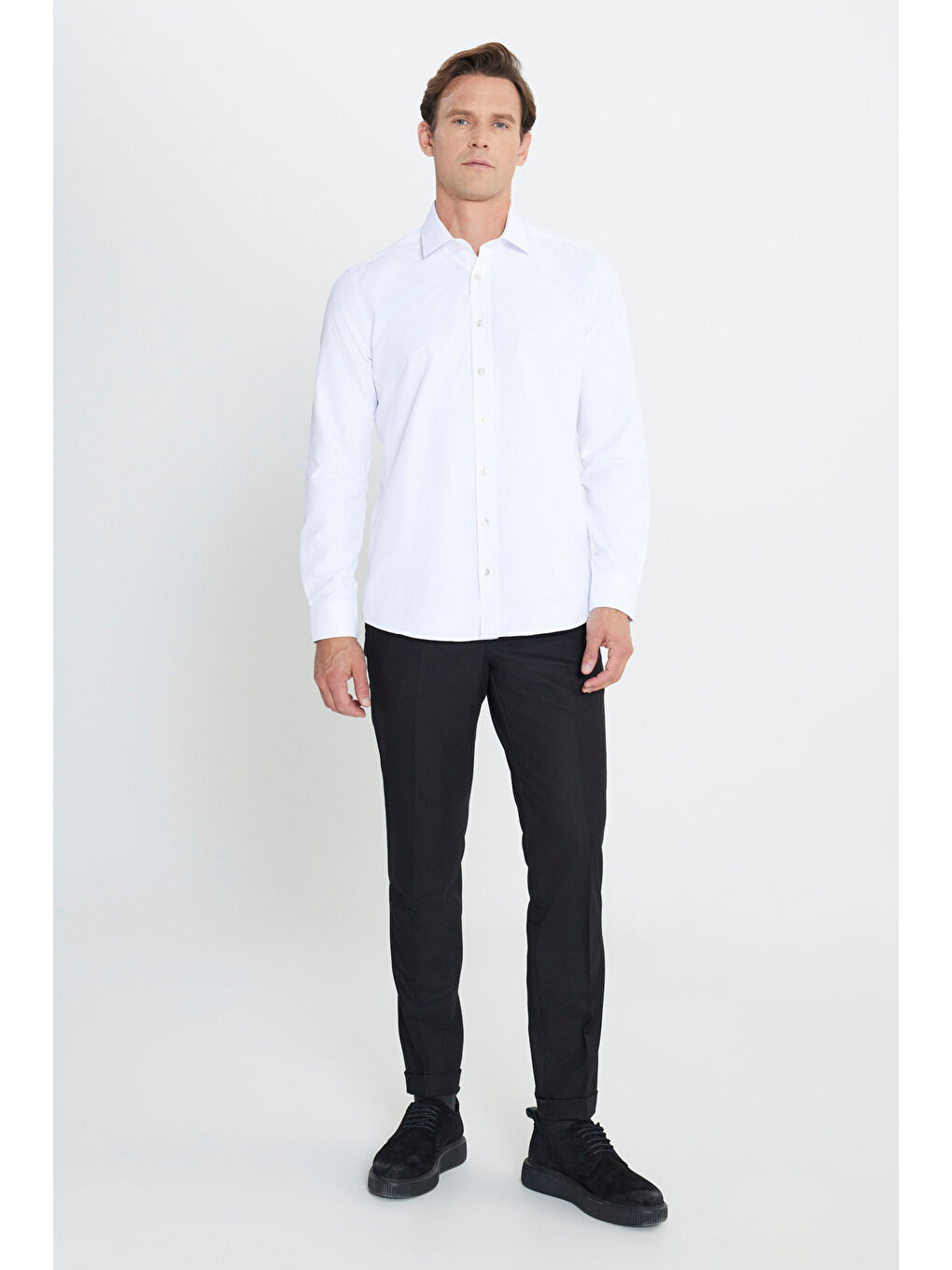 Erkek Beyaz Slim Fit Dar Kesim Klasik Yaka Armürlü Gömlek-1