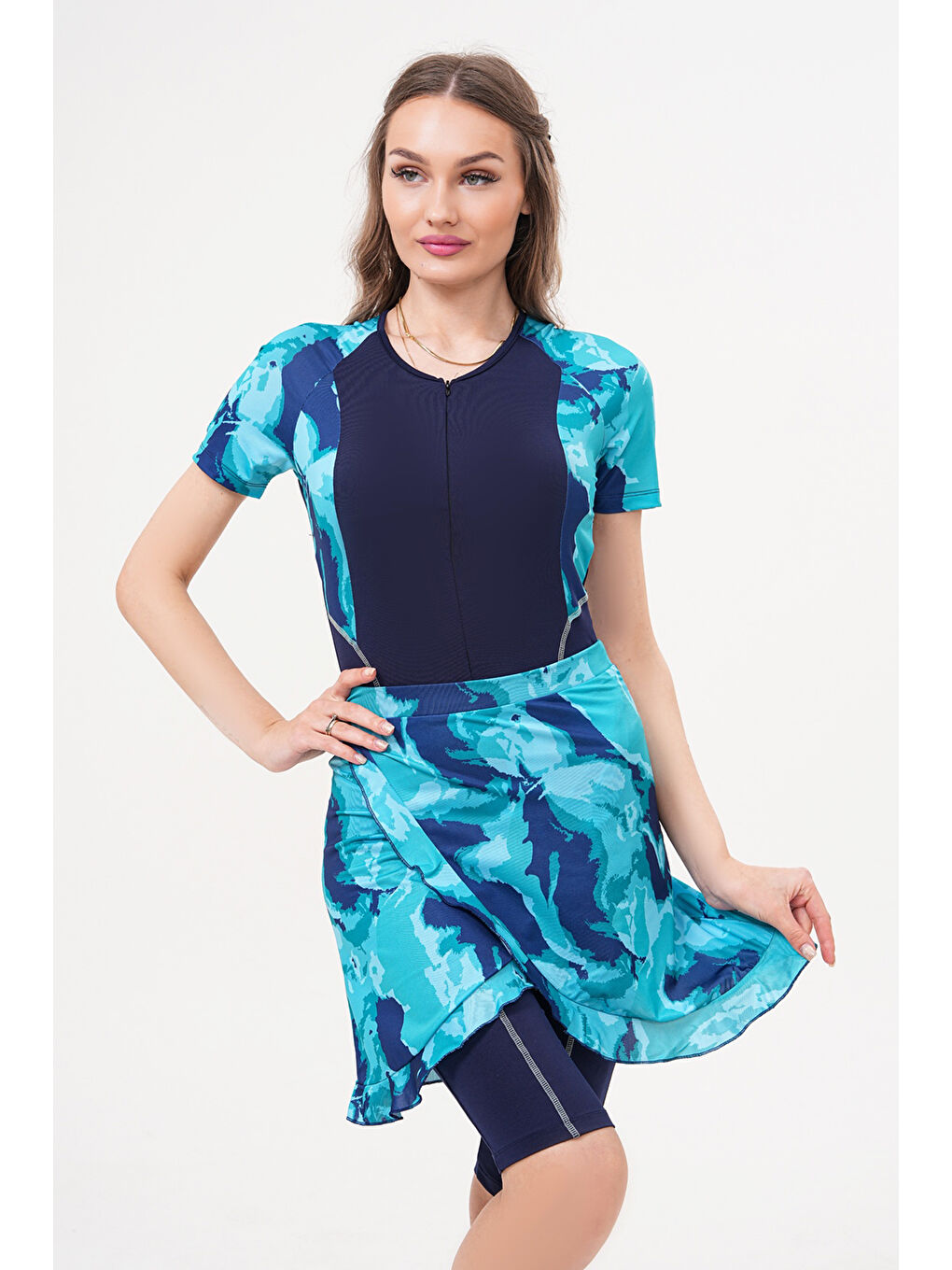 2'li Pareolu Kısa Kollu Uzun Şortlu Fermuarlı Sörfçü Yüzücü Tulum Mayo 2517 Esma Turkuaz