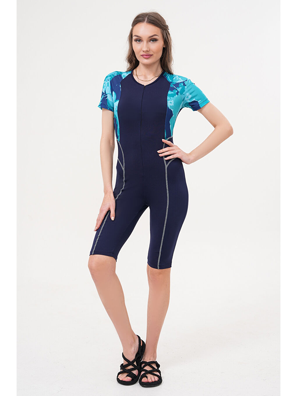 2'li Pareolu Kısa Kollu Uzun Şortlu Fermuarlı Sörfçü Yüzücü Tulum Mayo 2517 Esma Turkuaz-1