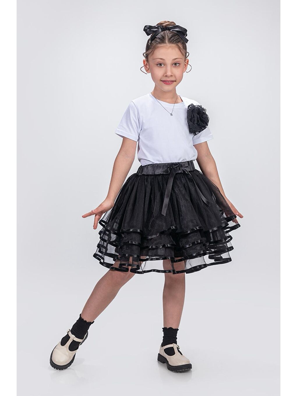Siyah Kız Çocuk Kat Kat Parlak Şeritli Fiyonklu Tütü Etek M00781