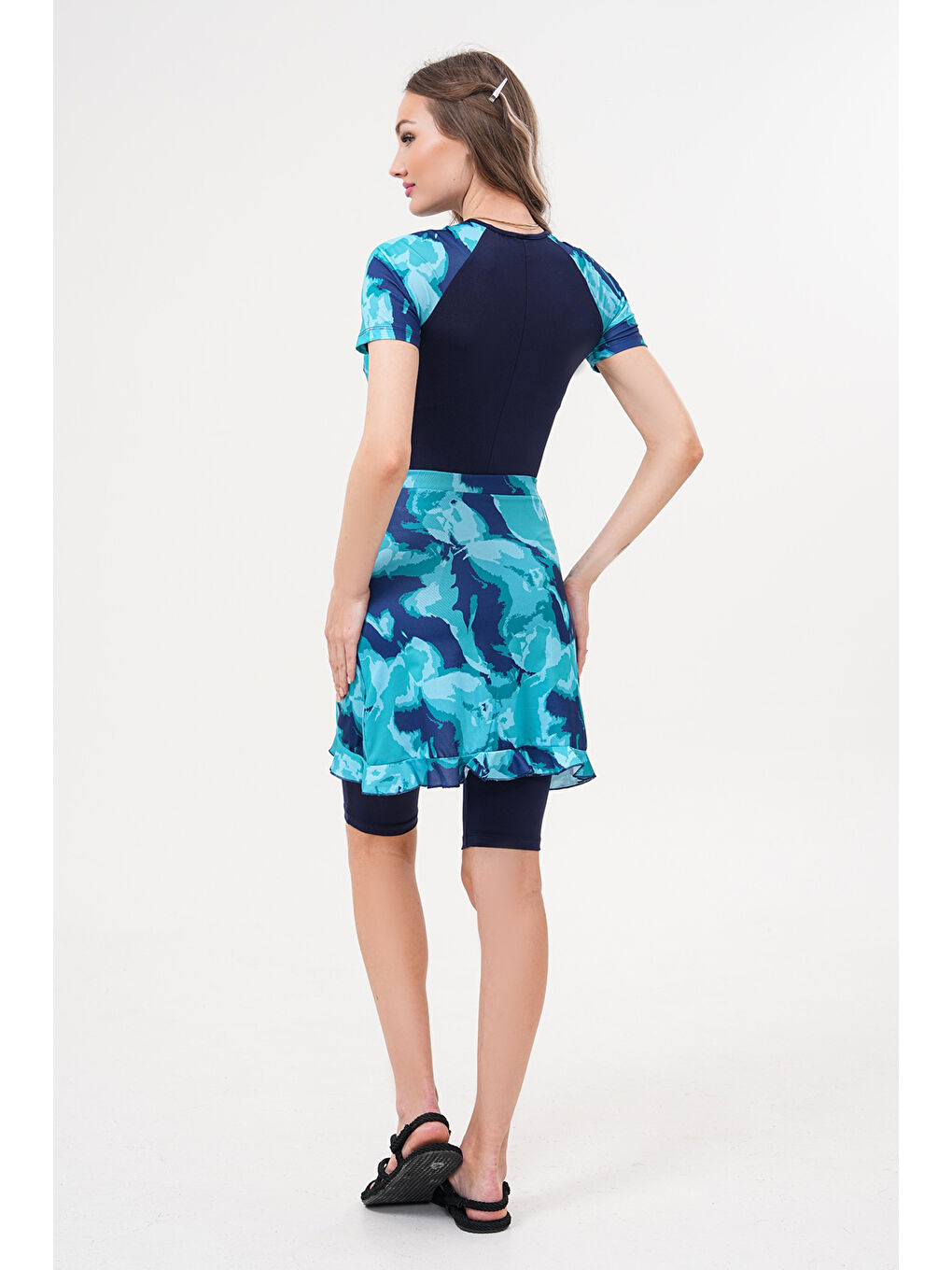 2'li Pareolu Kısa Kollu Uzun Şortlu Fermuarlı Sörfçü Yüzücü Tulum Mayo 2517 Esma Turkuaz-4