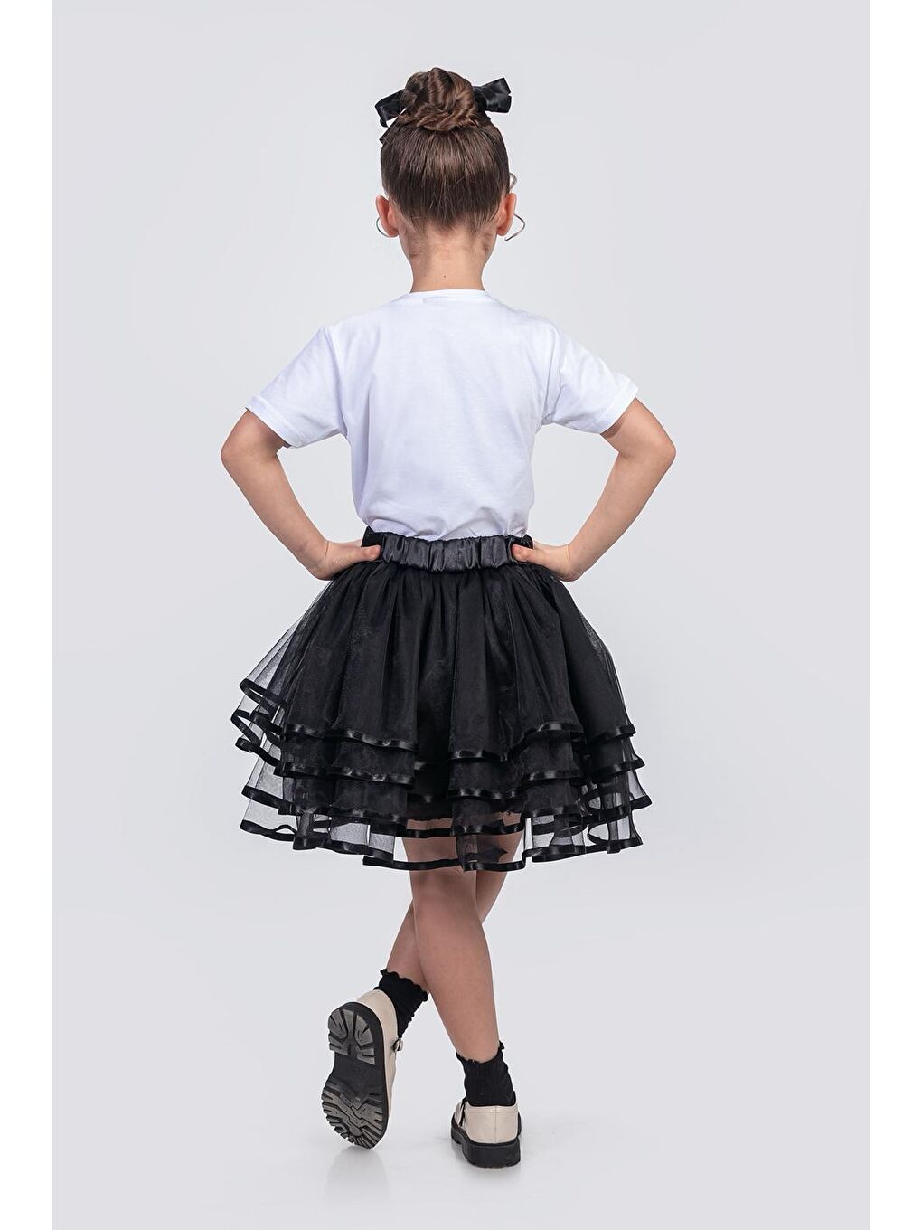 Siyah Kız Çocuk Kat Kat Parlak Şeritli Fiyonklu Tütü Etek M00781-1