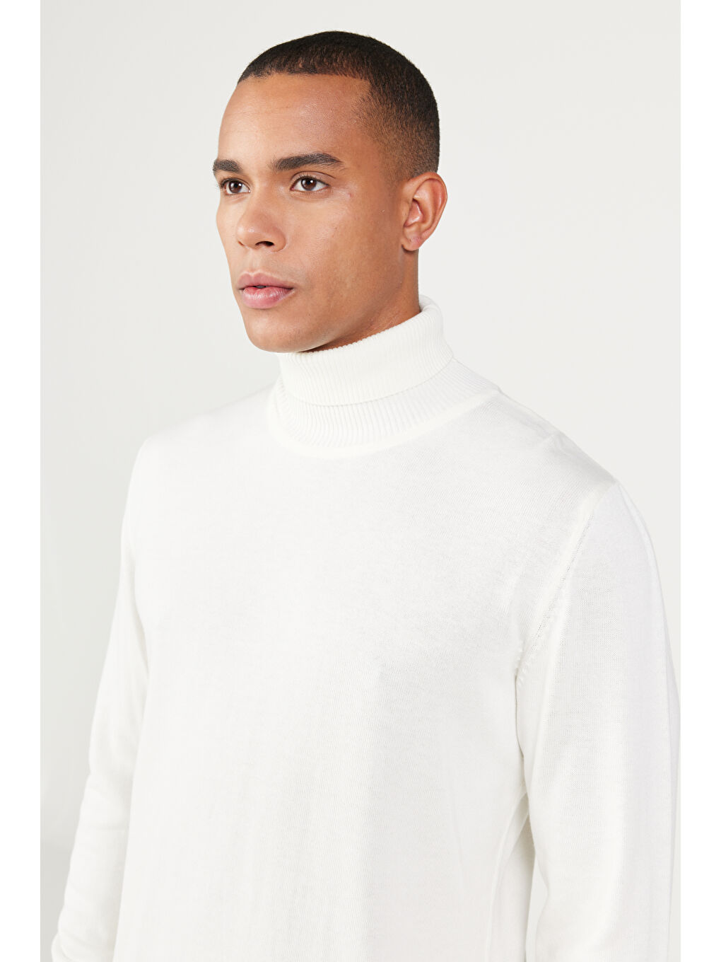 Erkek Ekru Standart Fit Normal Kesim Tam Balıkçı Yaka Pamuklu Triko Kazak-2