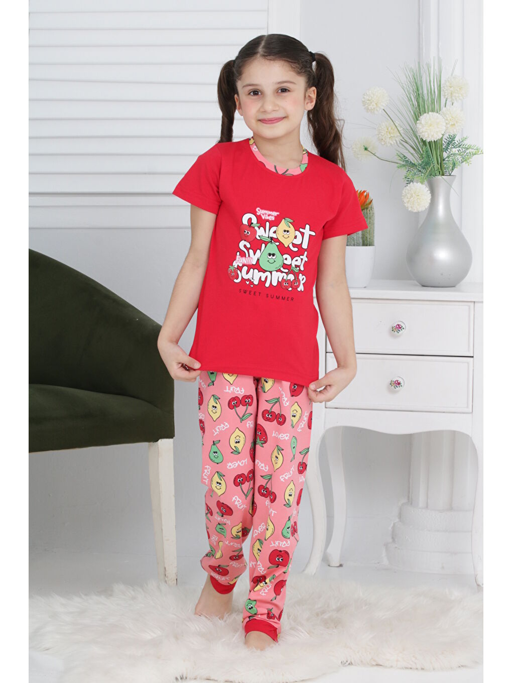 Kapi Kids Kırmızı Kız Çocuk Meyve Baskılı Pijama Takımı 3-11 Yaş Mnx 6073-74