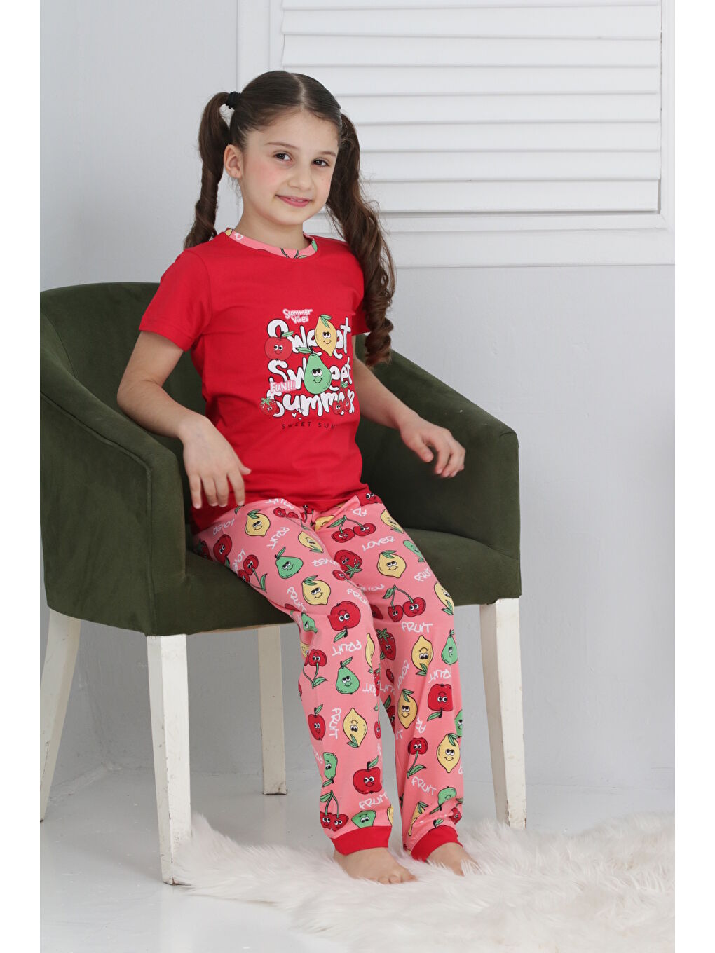 Kapi Kids Kırmızı Kız Çocuk Meyve Baskılı Pijama Takımı 3-11 Yaş Mnx 6073-74 - 1