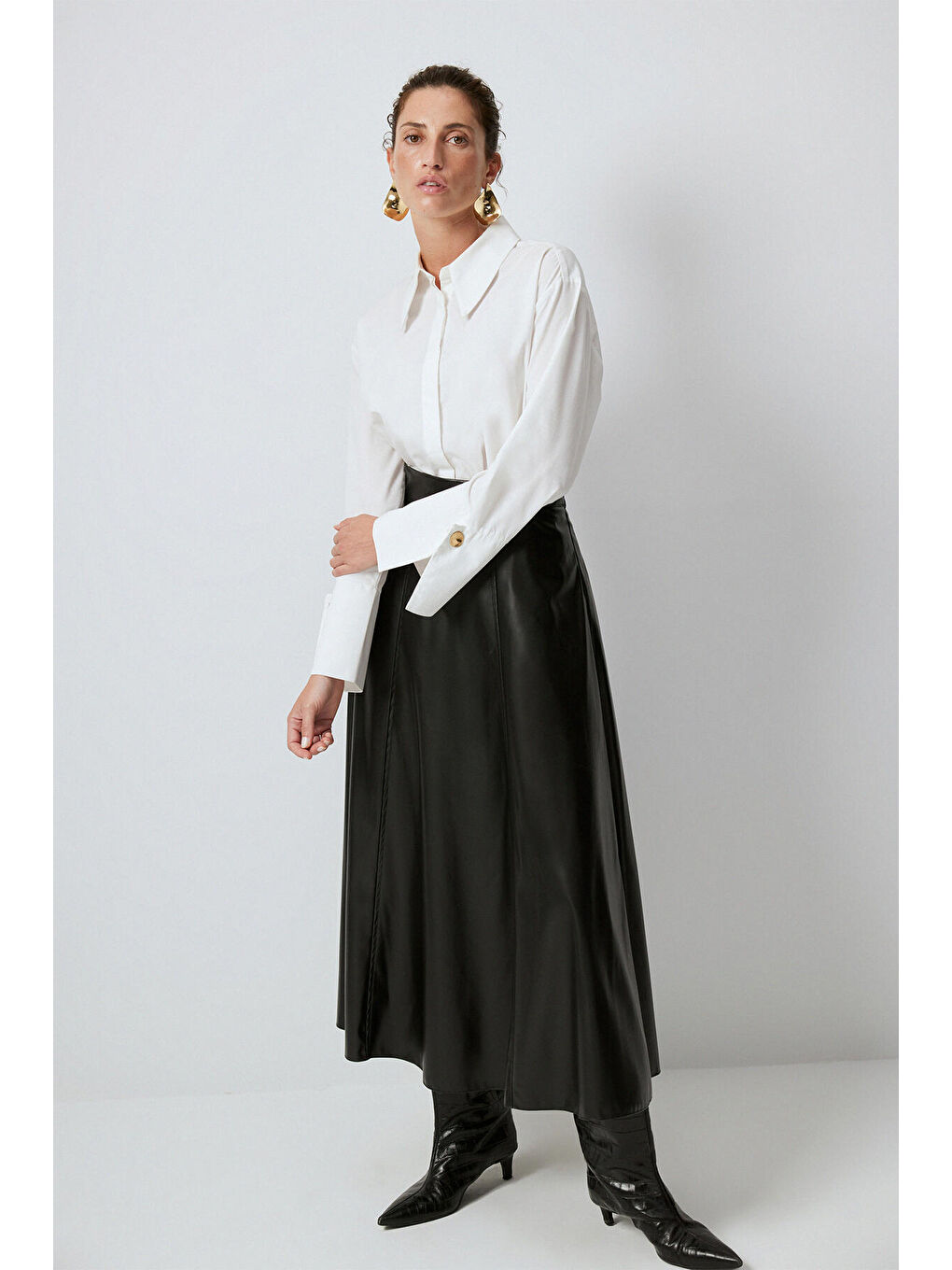 Siyah Volanlı Deri Etek-1