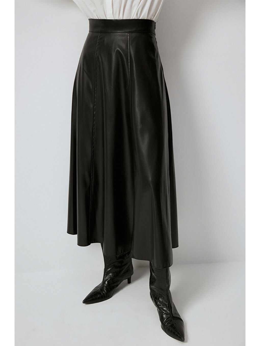 Siyah Volanlı Deri Etek-2