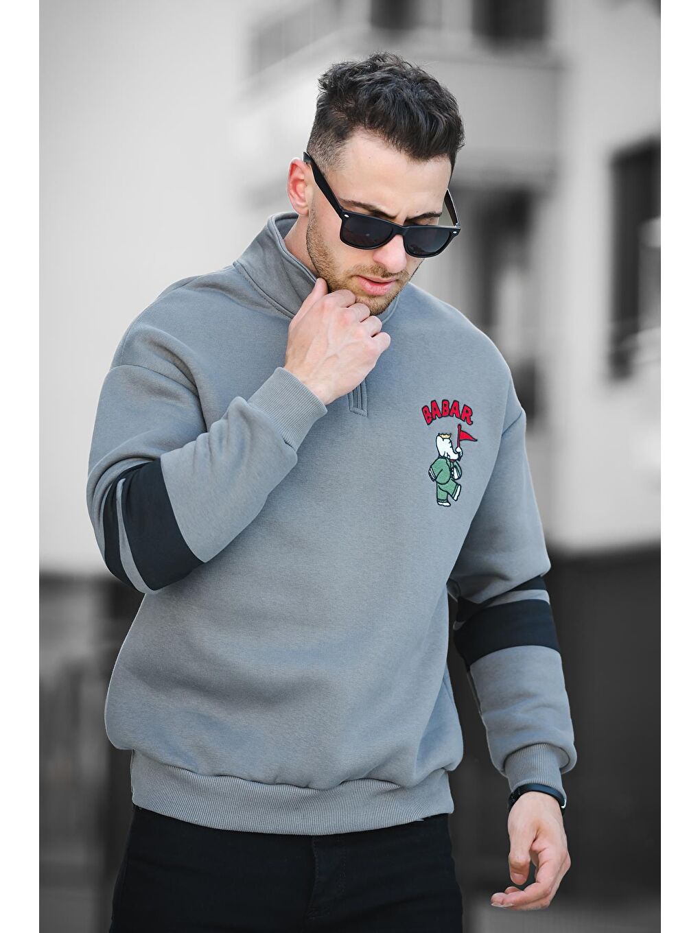 Oksit Antrasit Babar Üç İplik Şardonlu Nakışlı Fermuarlı Dik Yaka Oversize Erkek Sweatshirt - 2