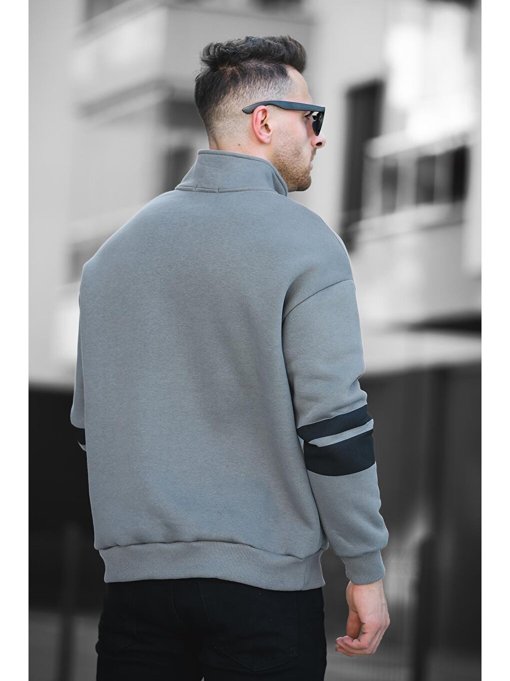 Oksit Antrasit Babar Üç İplik Şardonlu Nakışlı Fermuarlı Dik Yaka Oversize Erkek Sweatshirt - 3