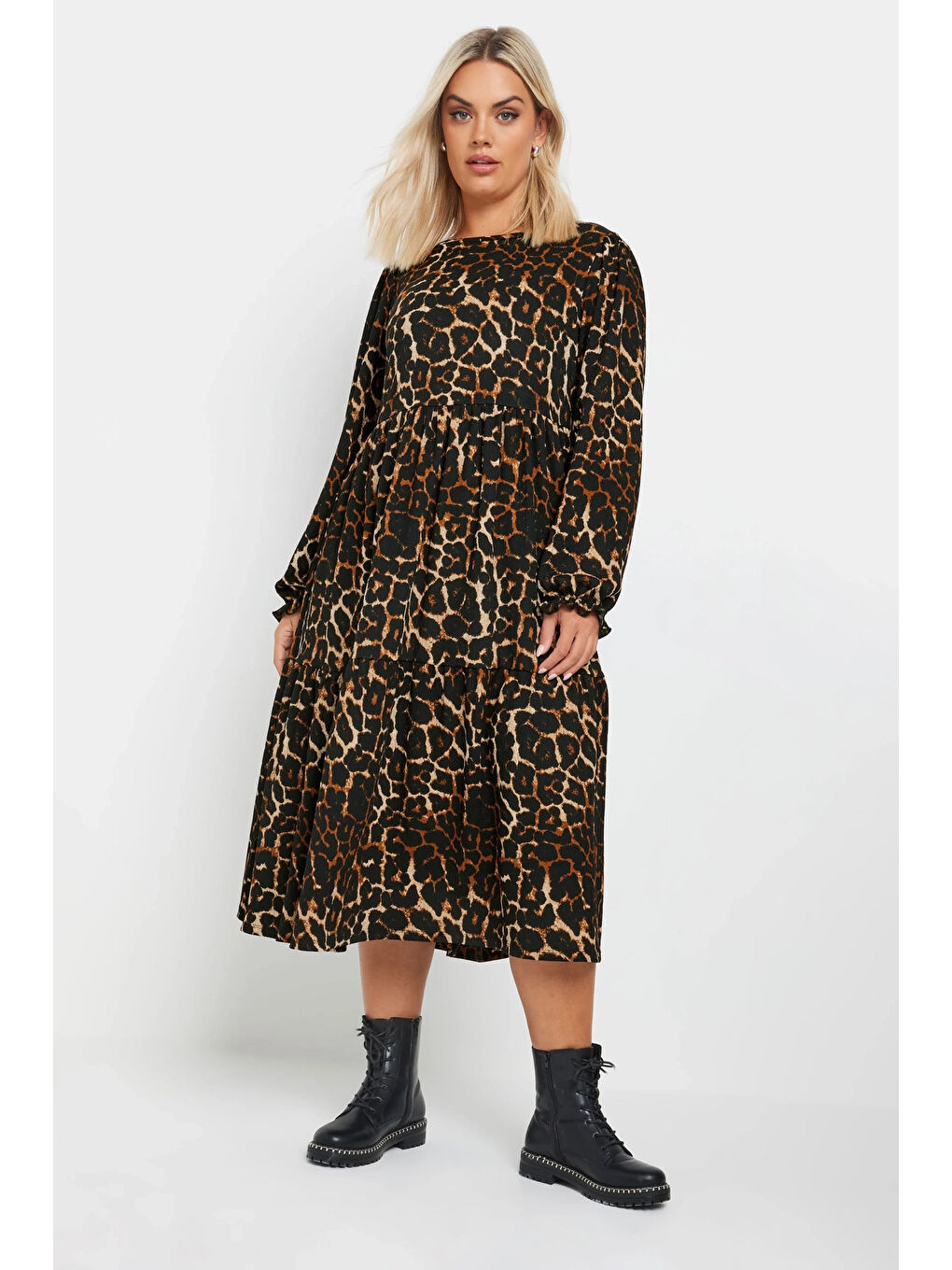 Karışık Büyük Beden Yumuşak Dokulu Leopar Desenli Balon Kol Elbise 270014-1