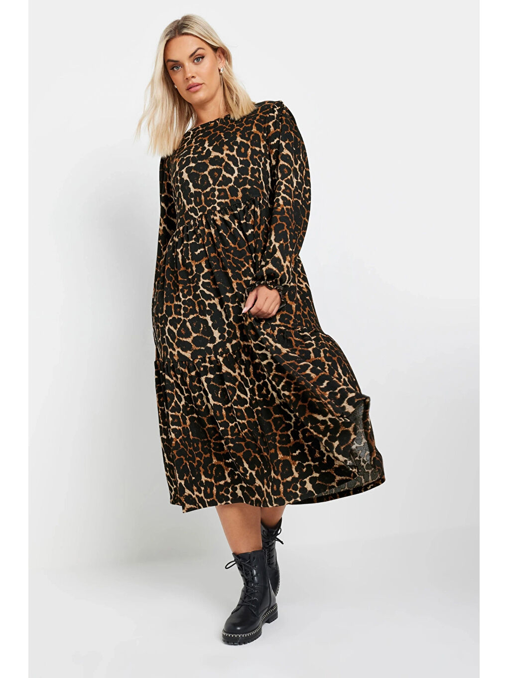 Karışık Büyük Beden Yumuşak Dokulu Leopar Desenli Balon Kol Elbise 270014-2