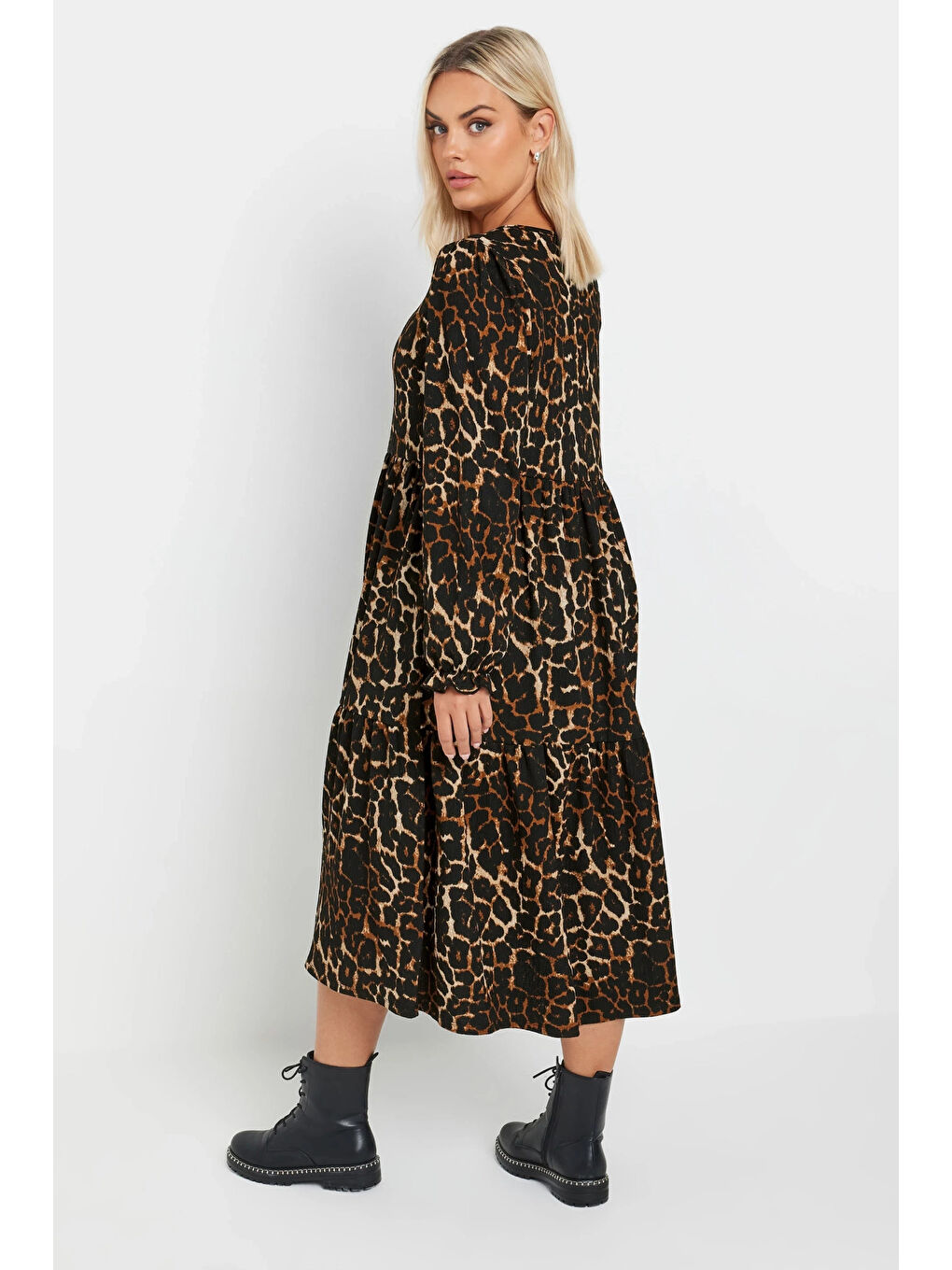 Karışık Büyük Beden Yumuşak Dokulu Leopar Desenli Balon Kol Elbise 270014-3