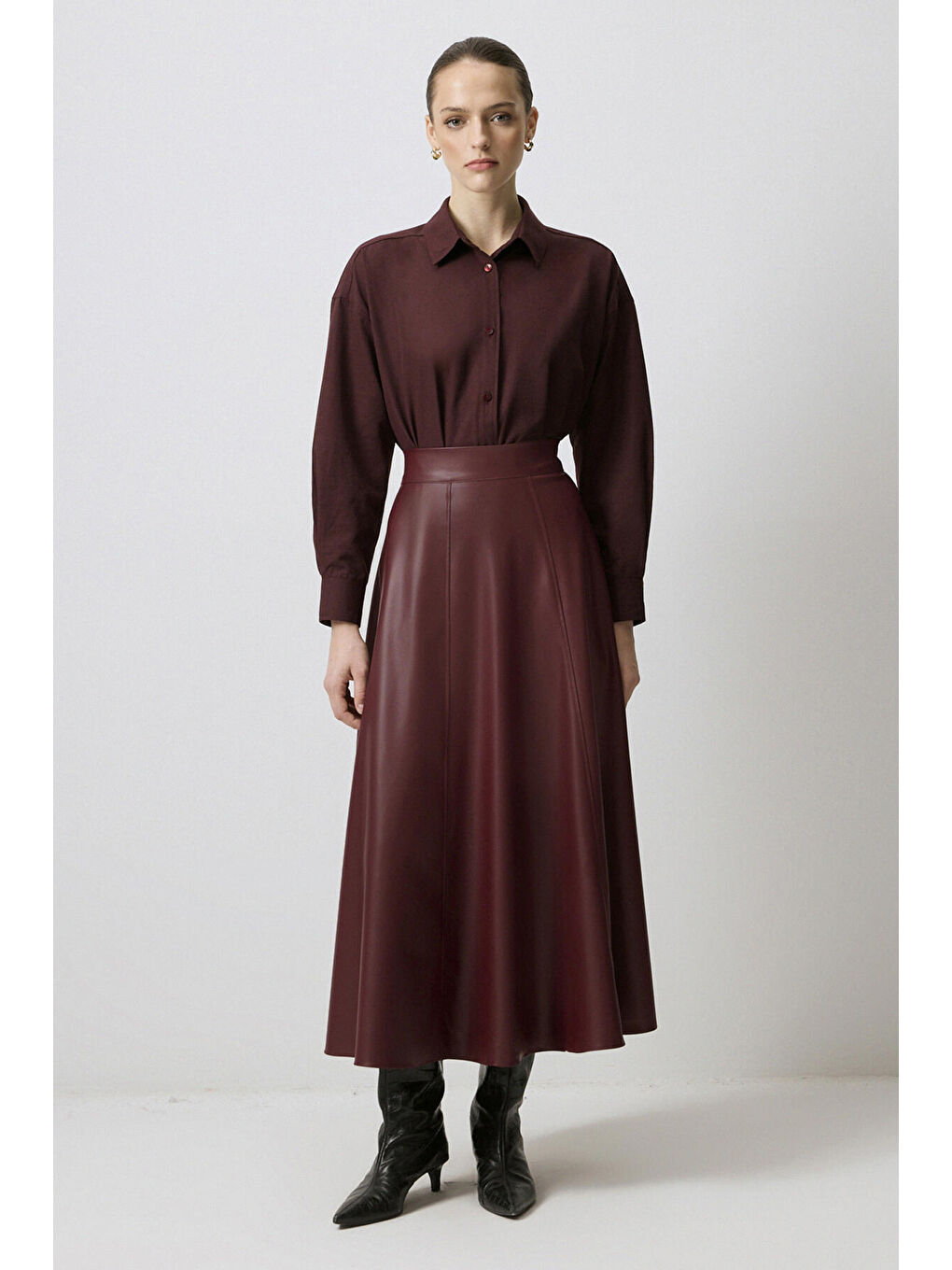 Bordo Volanlı Deri Etek