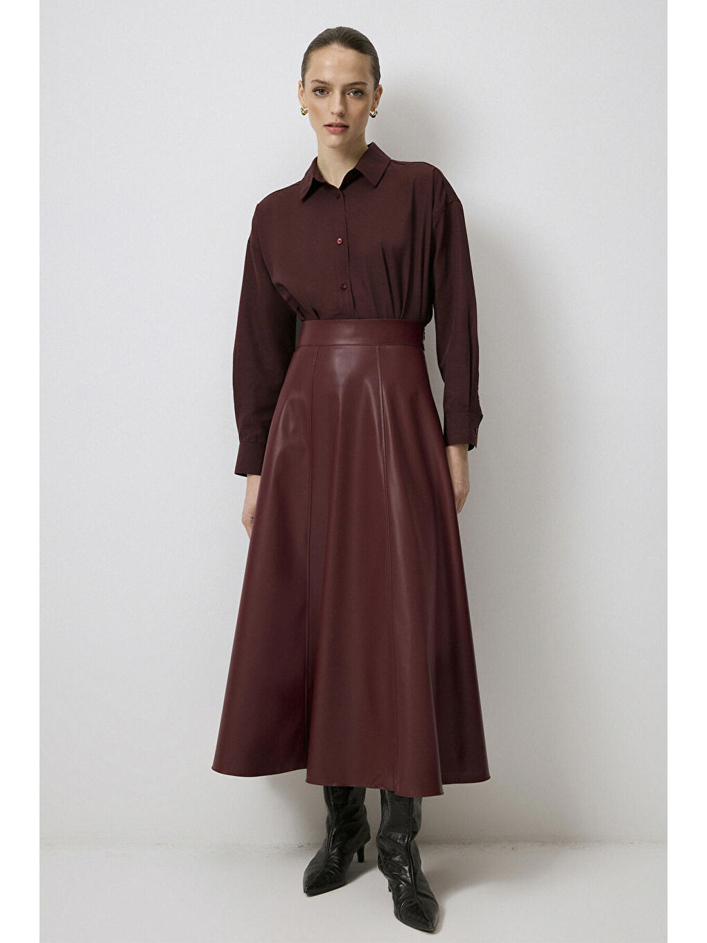 Bordo Volanlı Deri Etek-1