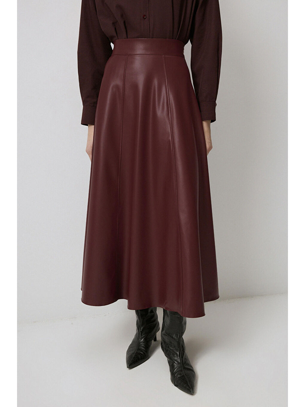 Bordo Volanlı Deri Etek-2