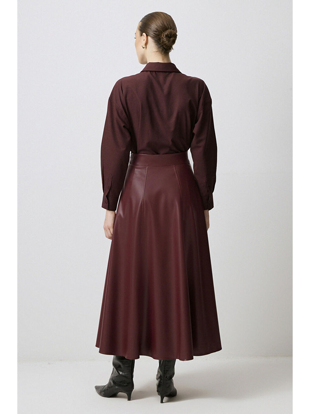 Bordo Volanlı Deri Etek-3