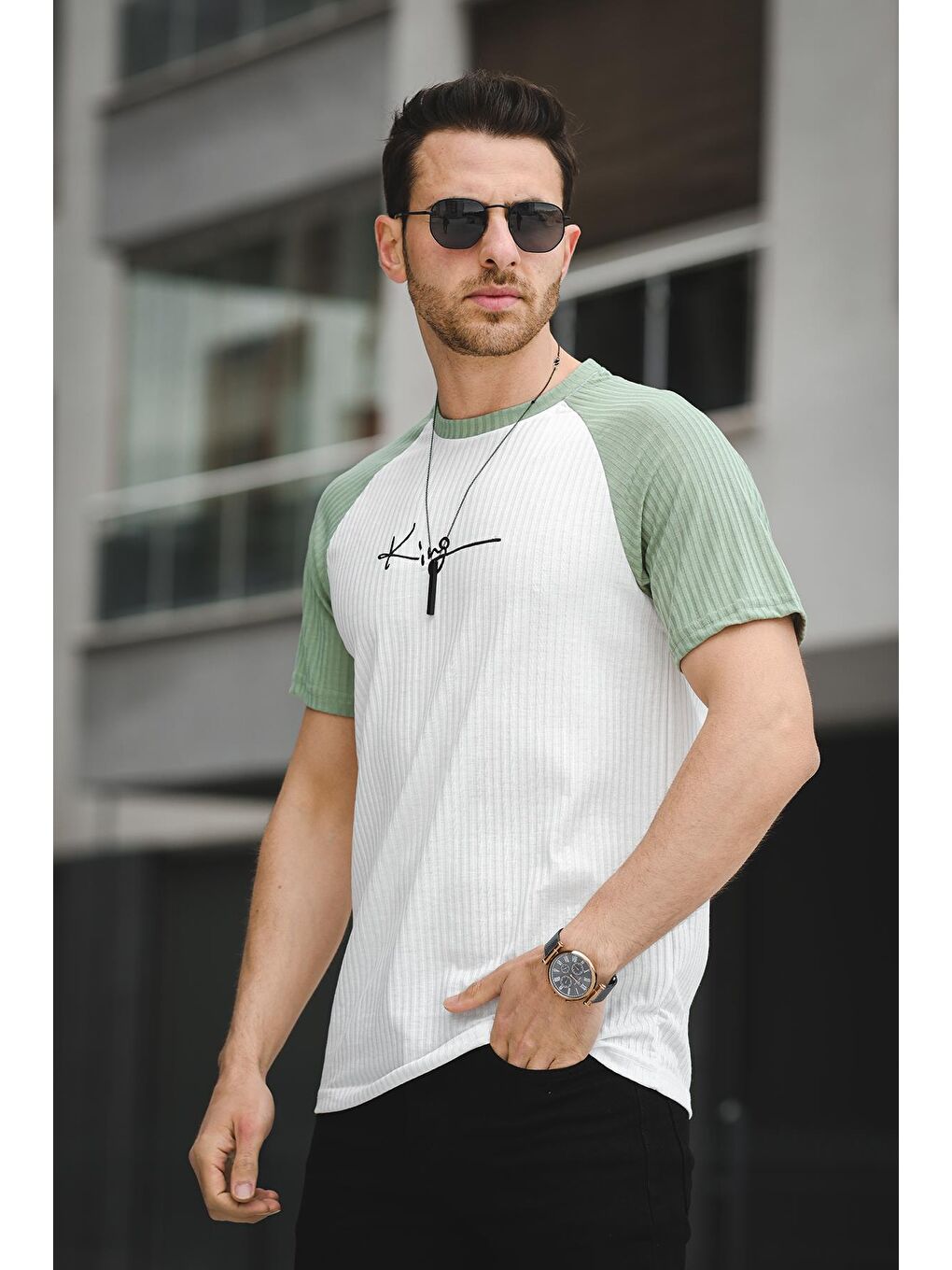 Turkuaz Calbert King Nakışlı Reglan Kol Slim Fit Elastanlı Erkek Tişört