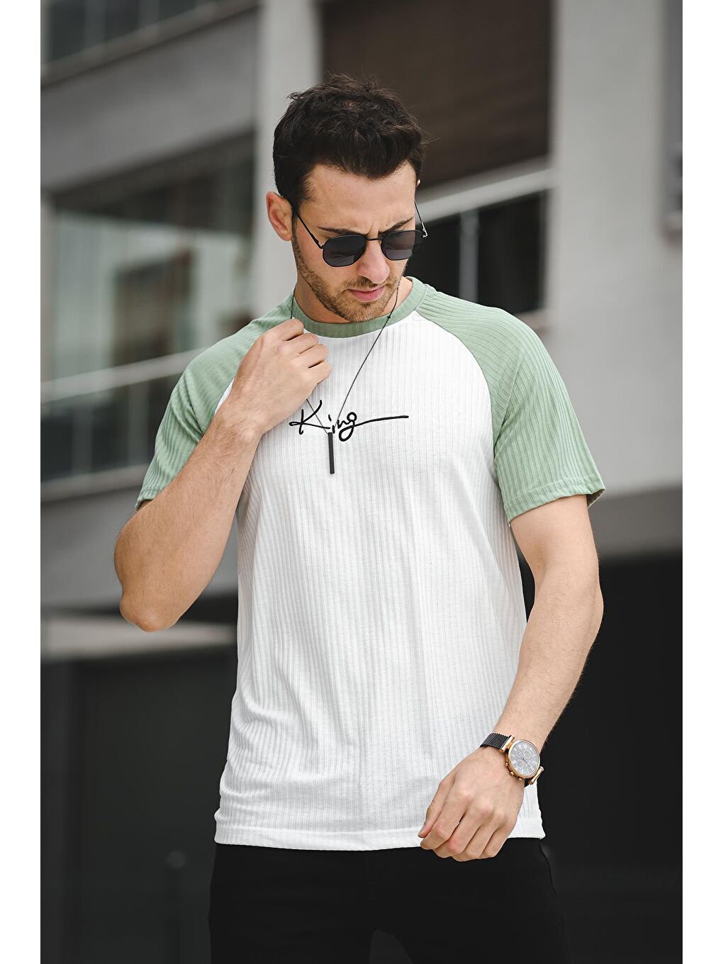 Turkuaz Calbert King Nakışlı Reglan Kol Slim Fit Elastanlı Erkek Tişört-1