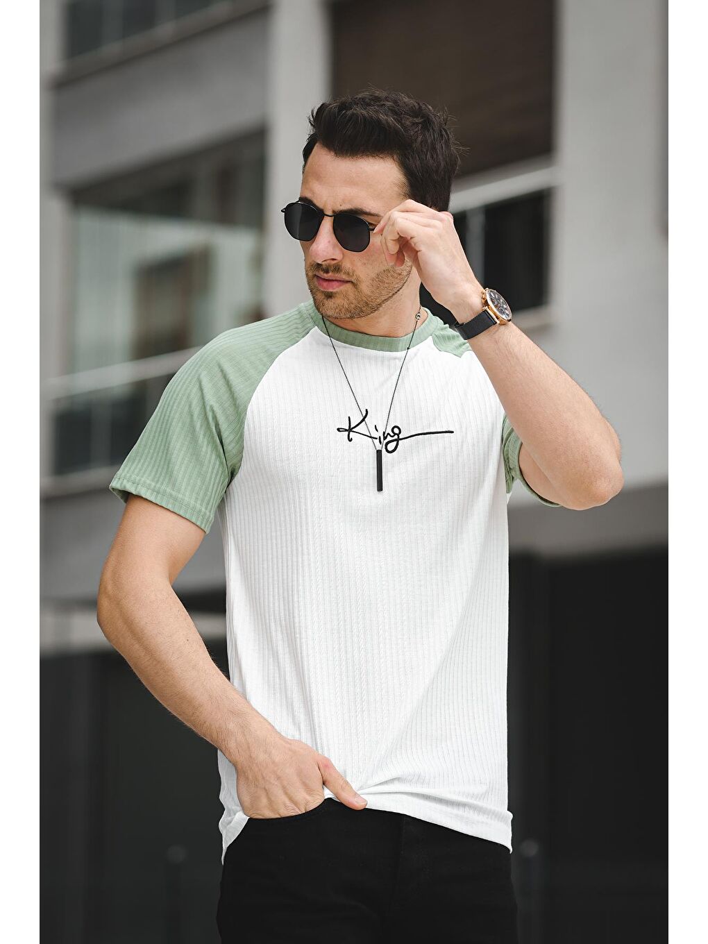 Turkuaz Calbert King Nakışlı Reglan Kol Slim Fit Elastanlı Erkek Tişört-2