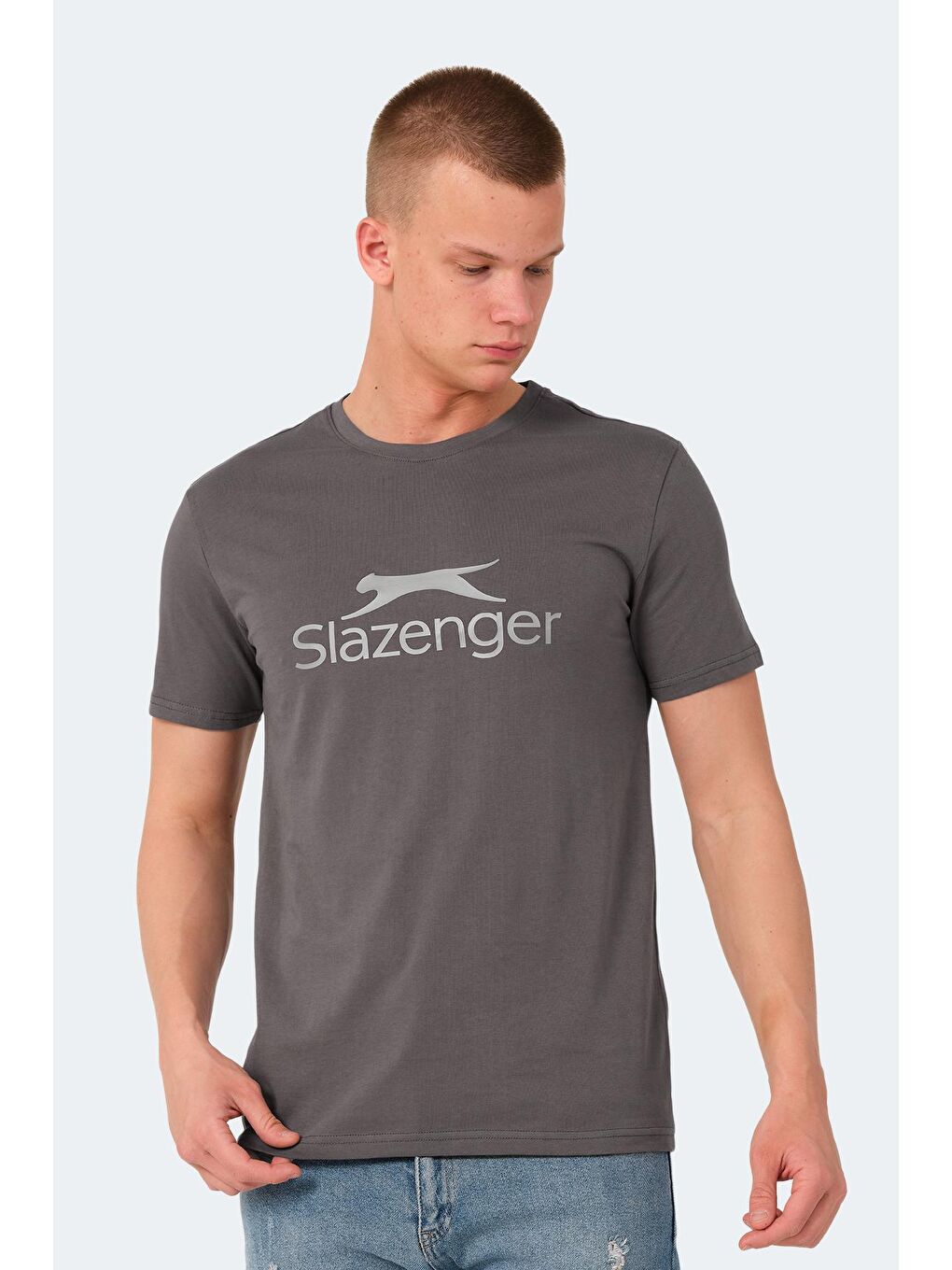 SLAZENGER Koyu Gri Bisiklet Yaka Kısa Kollu Baskılı Erkek Tişört - 3