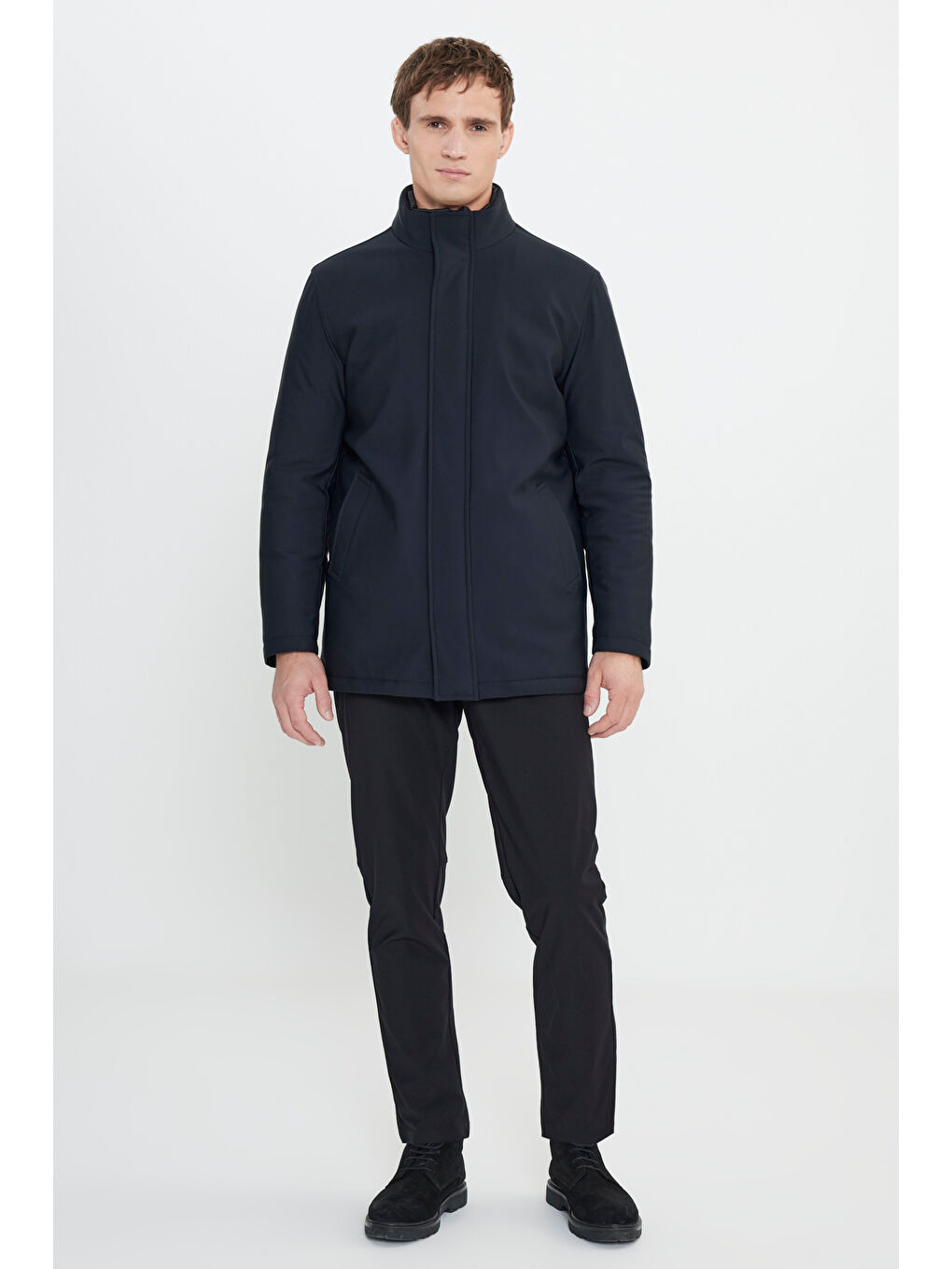 Erkek Siyah Sıcak Tutan Standart Fit Normal Kesim Dik Yaka Yan Cepli Kaban-1