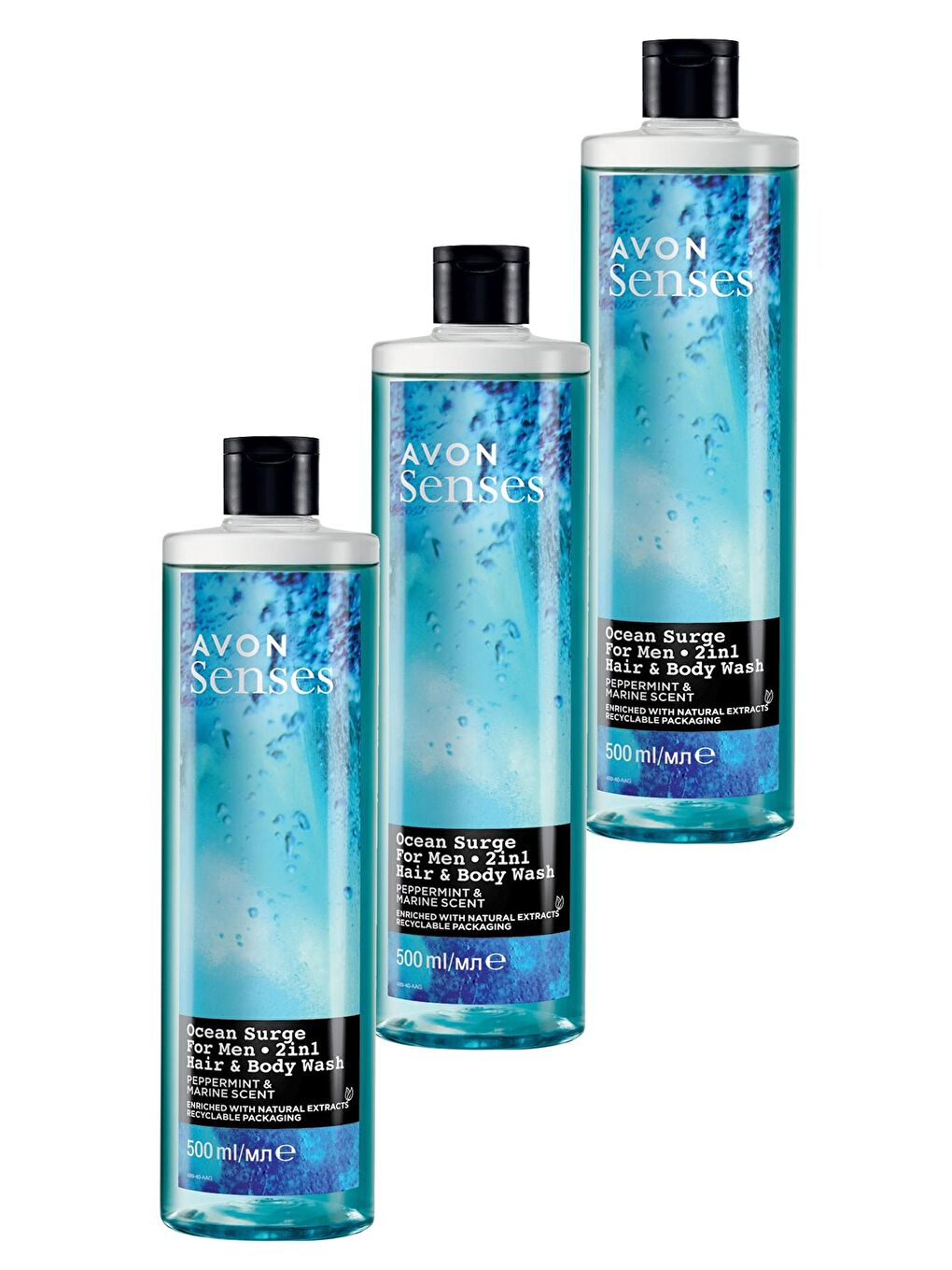 AVON Renksiz Senses Ocean Surge Nane ve Deniz Kokulu Saç ve Vücut için Erkek Duş Jeli 500 Ml. Üçlü Set