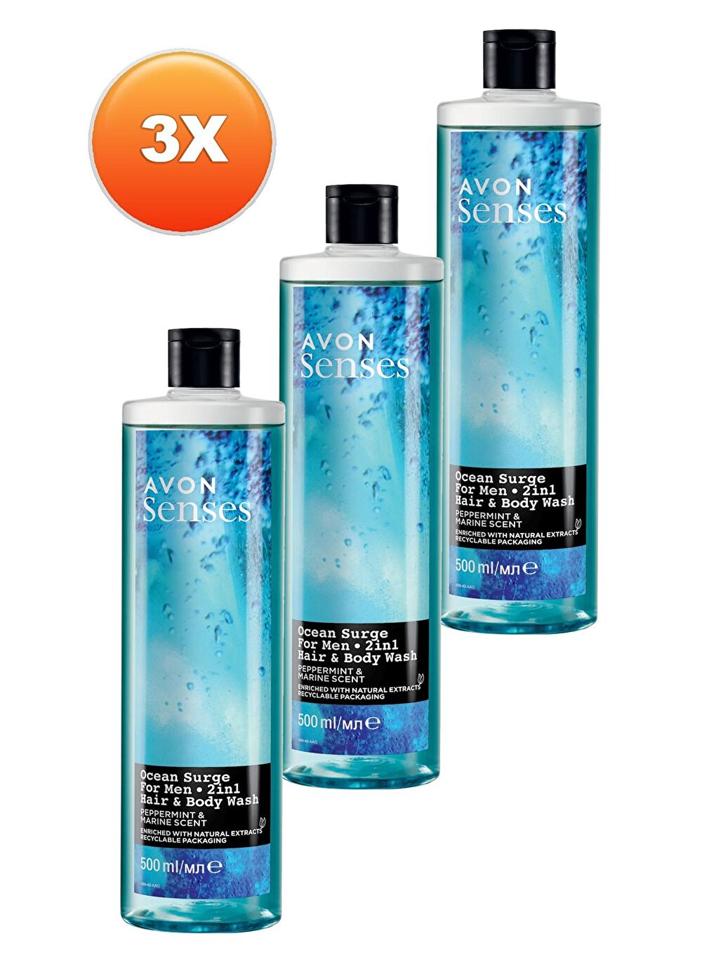 AVON Renksiz Senses Ocean Surge Nane ve Deniz Kokulu Saç ve Vücut için Erkek Duş Jeli 500 Ml. Üçlü Set - 1