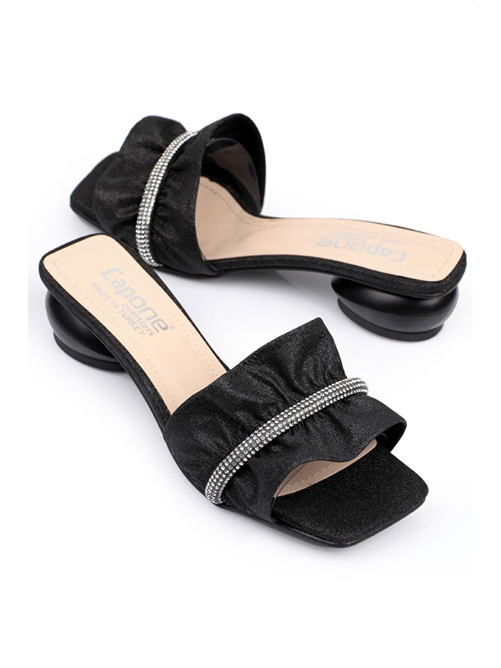 Siyah Kadın Büzgülü Taşlı Orta Topuklu Şık Terlik-3