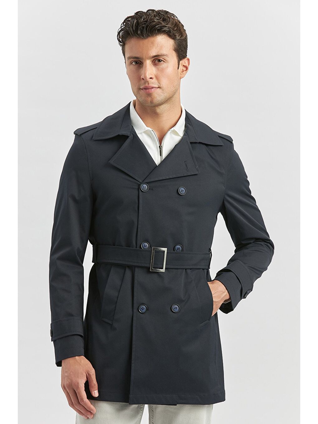 Koyu Lacivert Gabardin Mono Yaka Düz Tek Yırtmaç Tam Astar Slim Fit Classic Kaban 1008245105-2