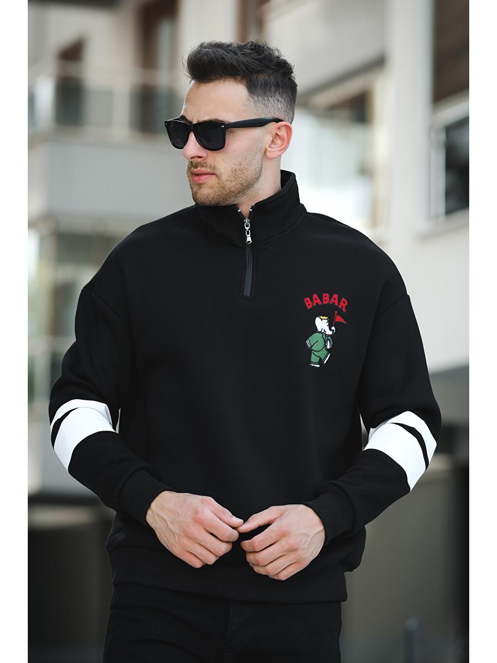 Oksit Siyah Babar Üç İplik Şardonlu Nakışlı Fermuarlı Dik Yaka Oversize Erkek Sweatshirt - 2