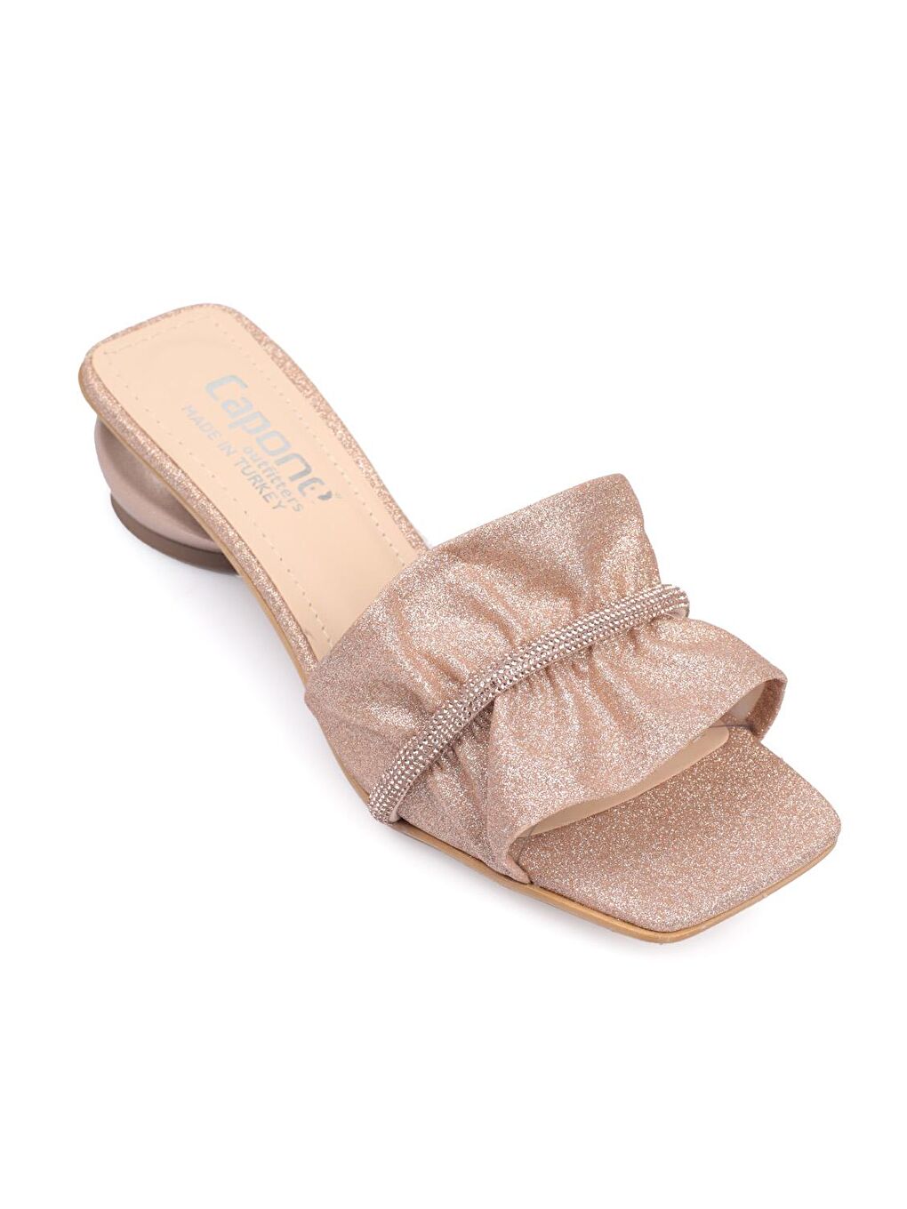 Pembe Kadın Büzgülü Taşlı Orta Topuklu Şık Terlik-1