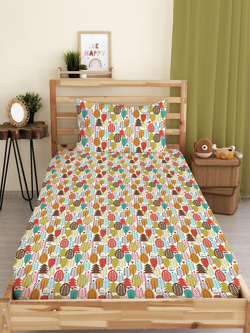 Karışık Renkli Desenli Baskılı Tek Kişilik Lastikli Çarşaf Seti