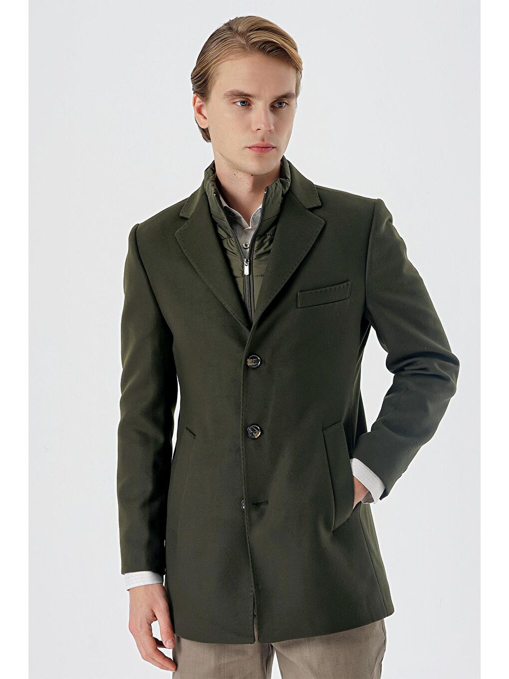 Koyu Haki Kaşe Mono Yaka Kapitoneli Astar Slim Fit Dar Kesim Klasik Kaban 1008235167