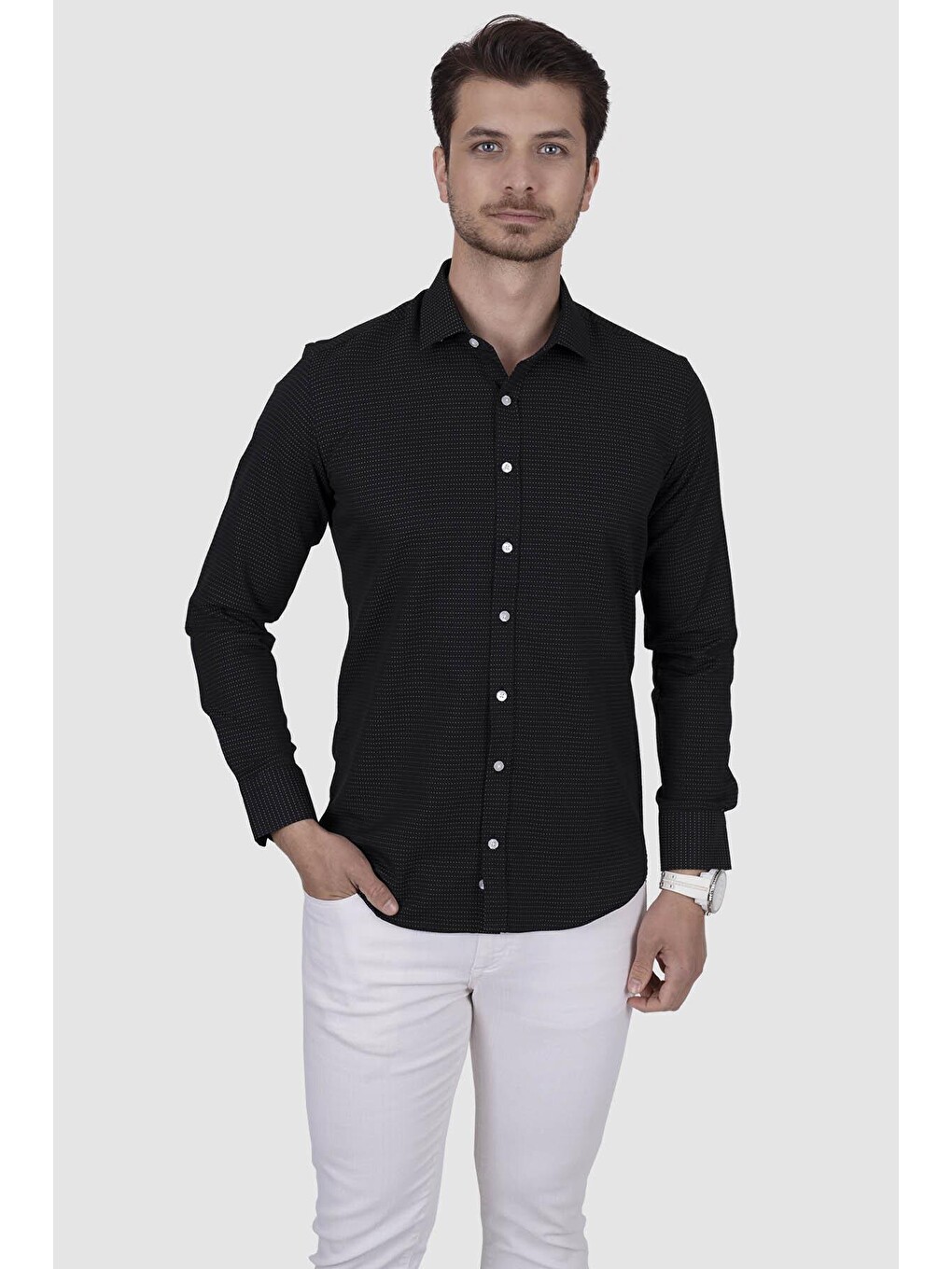 Nokta Desenli Siyah Slimfit Hediye Kutulu Gömlek-5