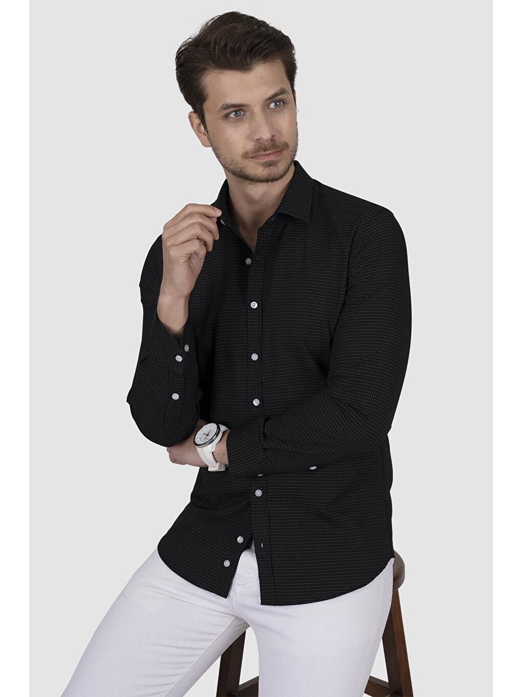 Nokta Desenli Siyah Slimfit Hediye Kutulu Gömlek-7