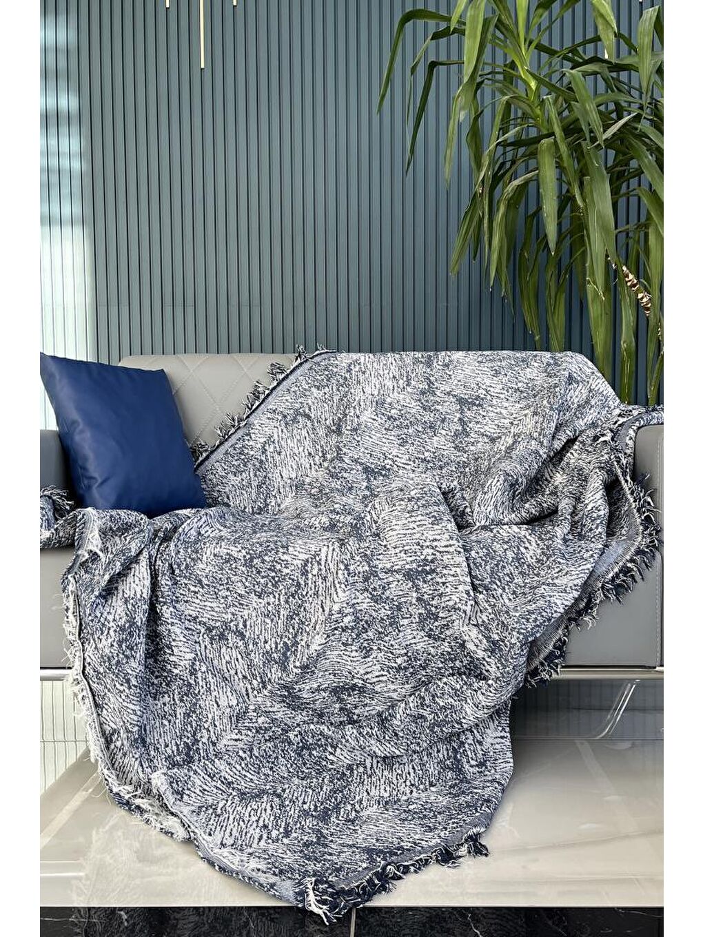 Saçaklı Lüks Koltuk Örtüsü 170x220 Cm Mavi