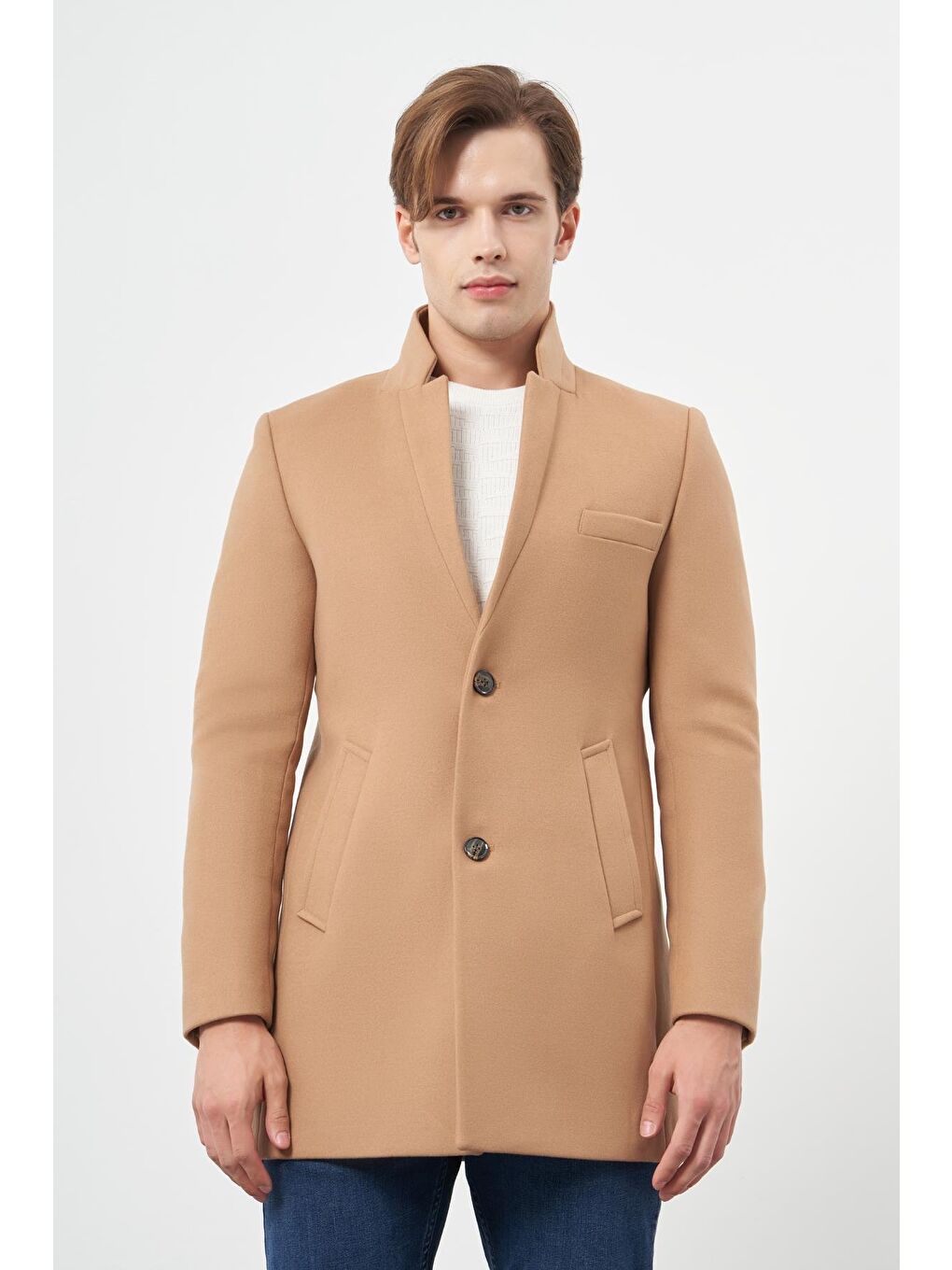Kahverengi Camel Kaşe Dik Yaka Kapitoneli Astar Slim Fit Dar Kesim Klasik Kaban 1008245171