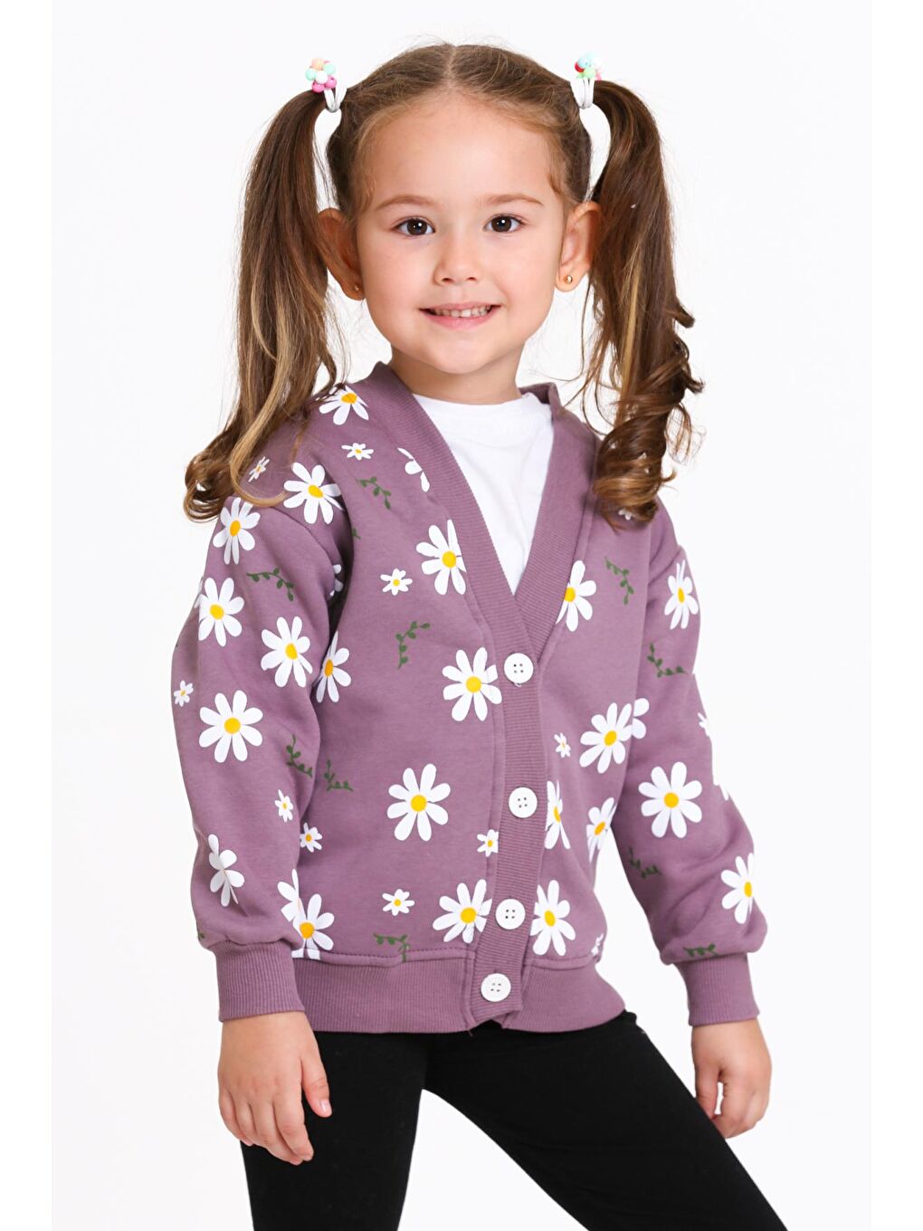 Kız Çocuk Mürdüm Papatya Baskı 1-5 Yaş Hırka - 23206-3