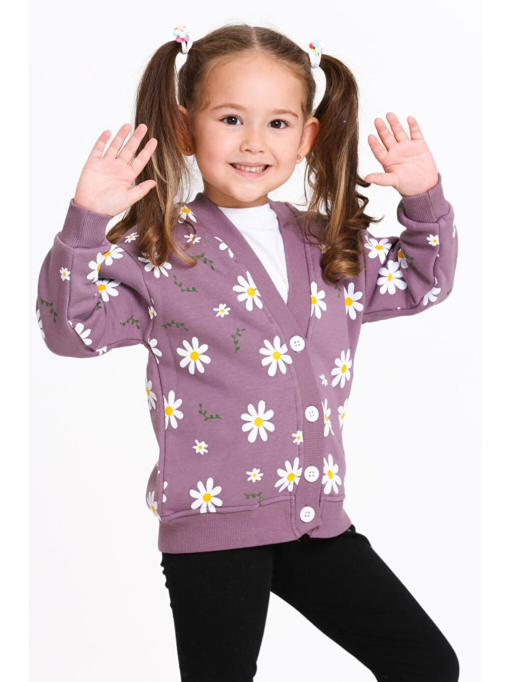 Kız Çocuk Mürdüm Papatya Baskı 1-5 Yaş Hırka - 23206-3-1