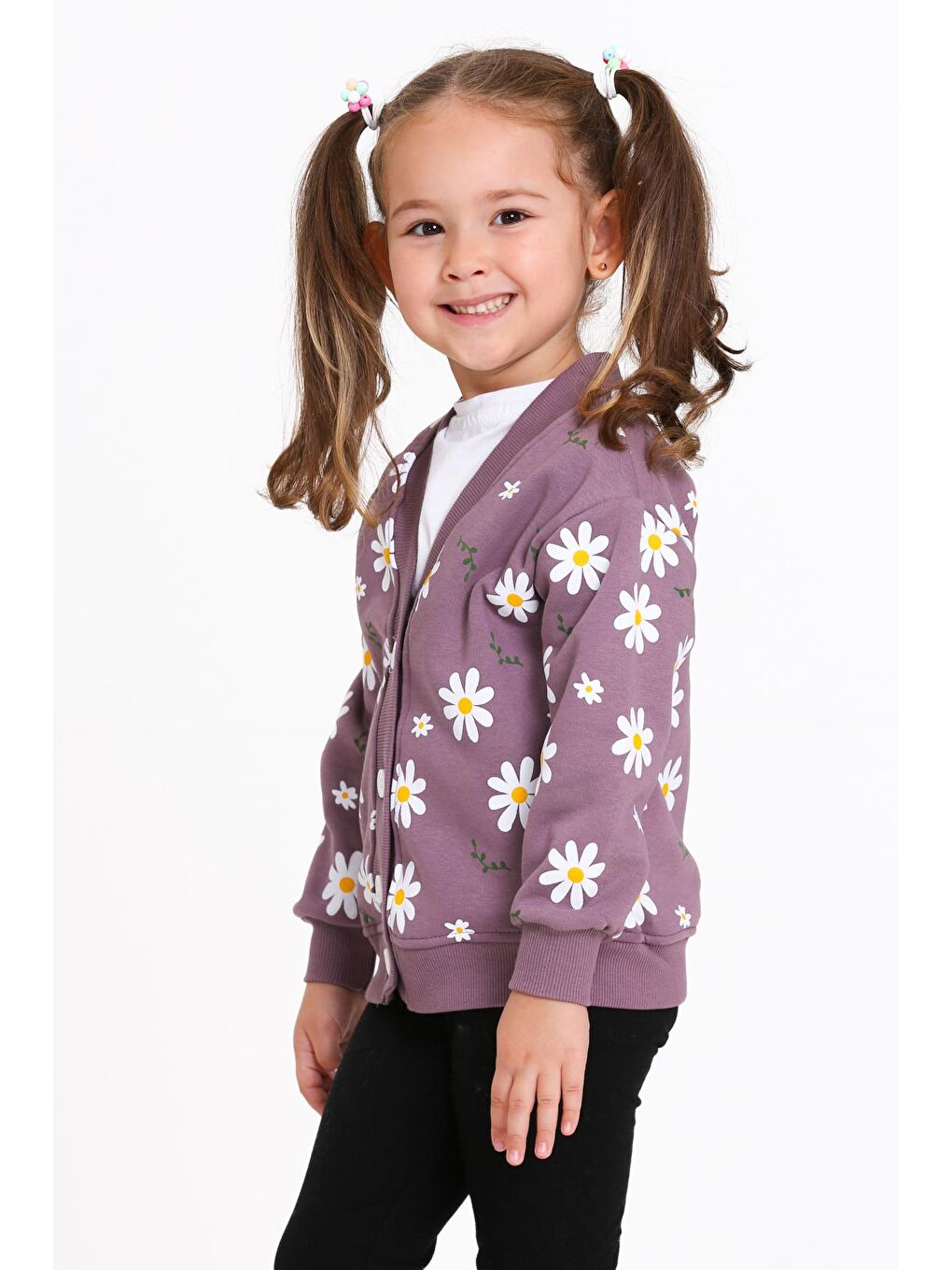 Kız Çocuk Mürdüm Papatya Baskı 1-5 Yaş Hırka - 23206-3-2