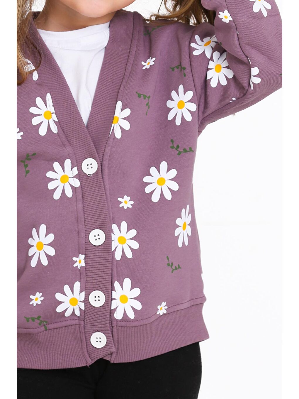 Kız Çocuk Mürdüm Papatya Baskı 1-5 Yaş Hırka - 23206-3-3