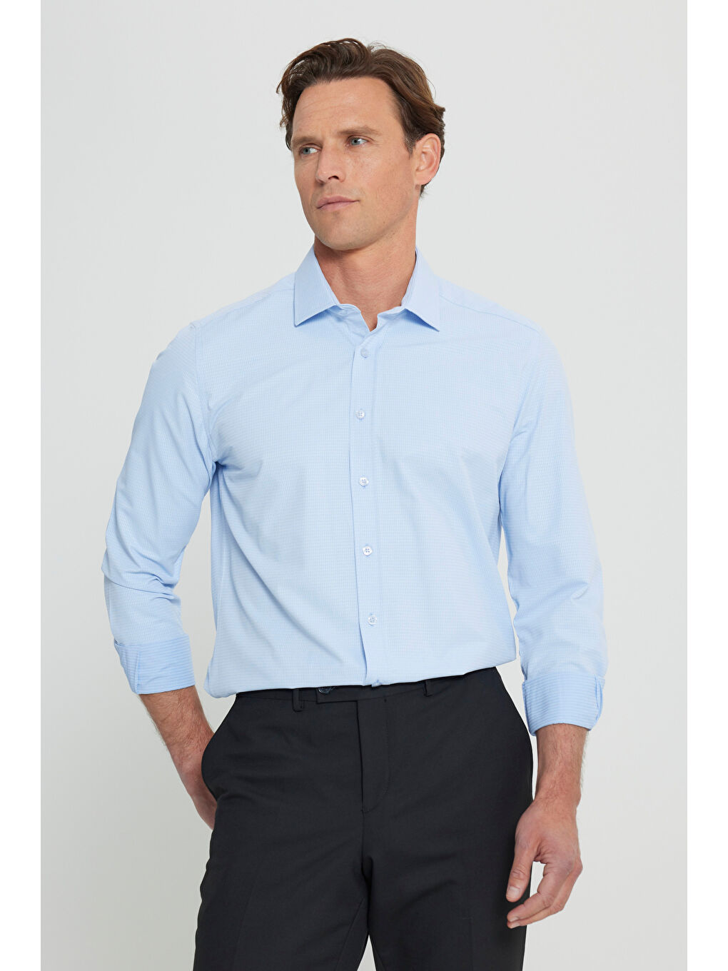 Erkek Açık Mavi Slim Fit Dar Kesim Klasik Yaka Armürlü Gömlek