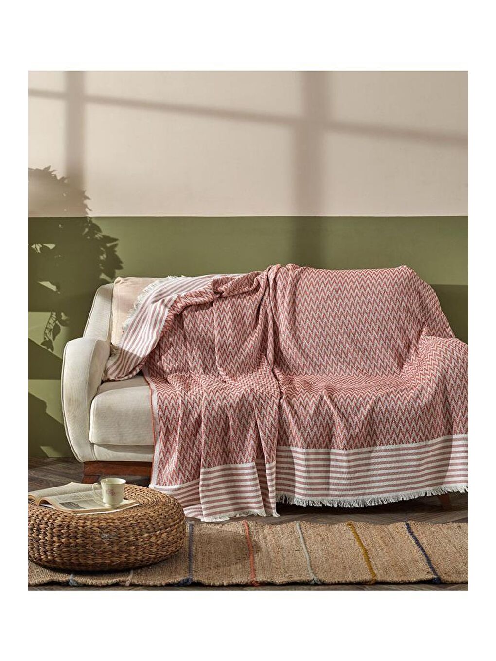 Çeyizdiyarı %100 Polyester Saçaklı Koltuk Örtüsü Kırmızı