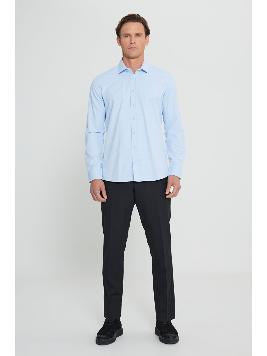 Erkek Açık Mavi Slim Fit Dar Kesim Klasik Yaka Armürlü Gömlek-1