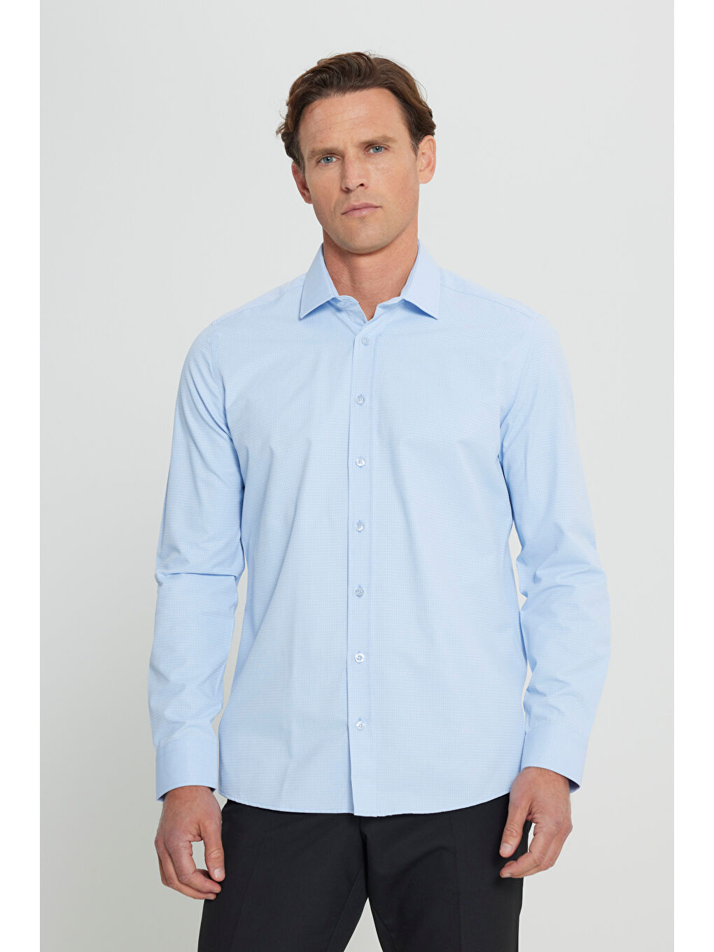 Erkek Açık Mavi Slim Fit Dar Kesim Klasik Yaka Armürlü Gömlek-2