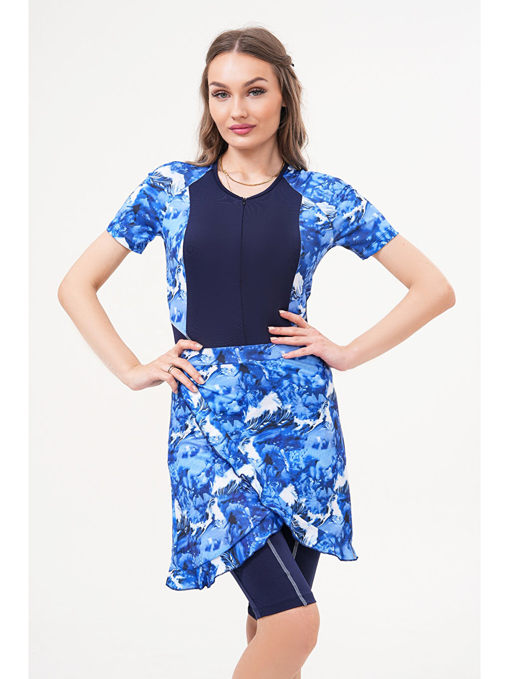 2'li Pareolu Kısa Kollu Uzun Şortlu Fermuarlı Sörfçü Yüzücü Tulum Mayo 2517 Esma Mavi